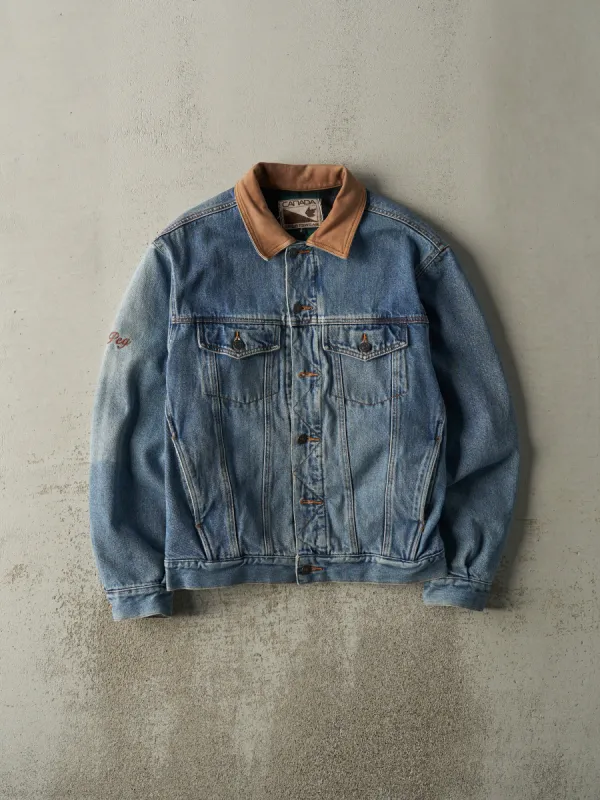 Vintage 90s Light Wash Embroidered Fleece Lined Denim Jacket (S/M) sold by Rebalance Vintage