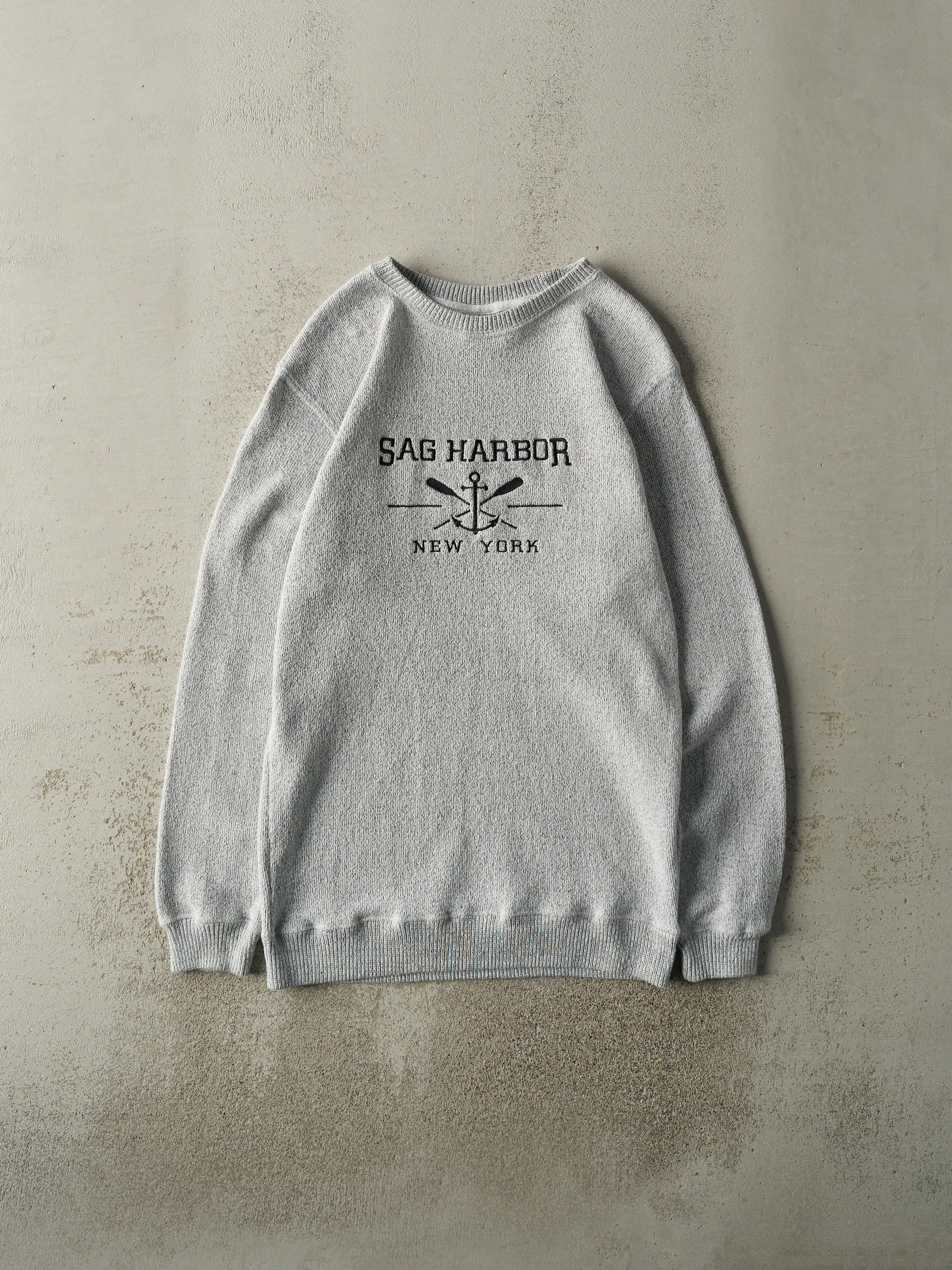 Vintage Y2K Grey Sag Harbour New York Weaved Crewneck (S/M) sold by Rebalance Vintage