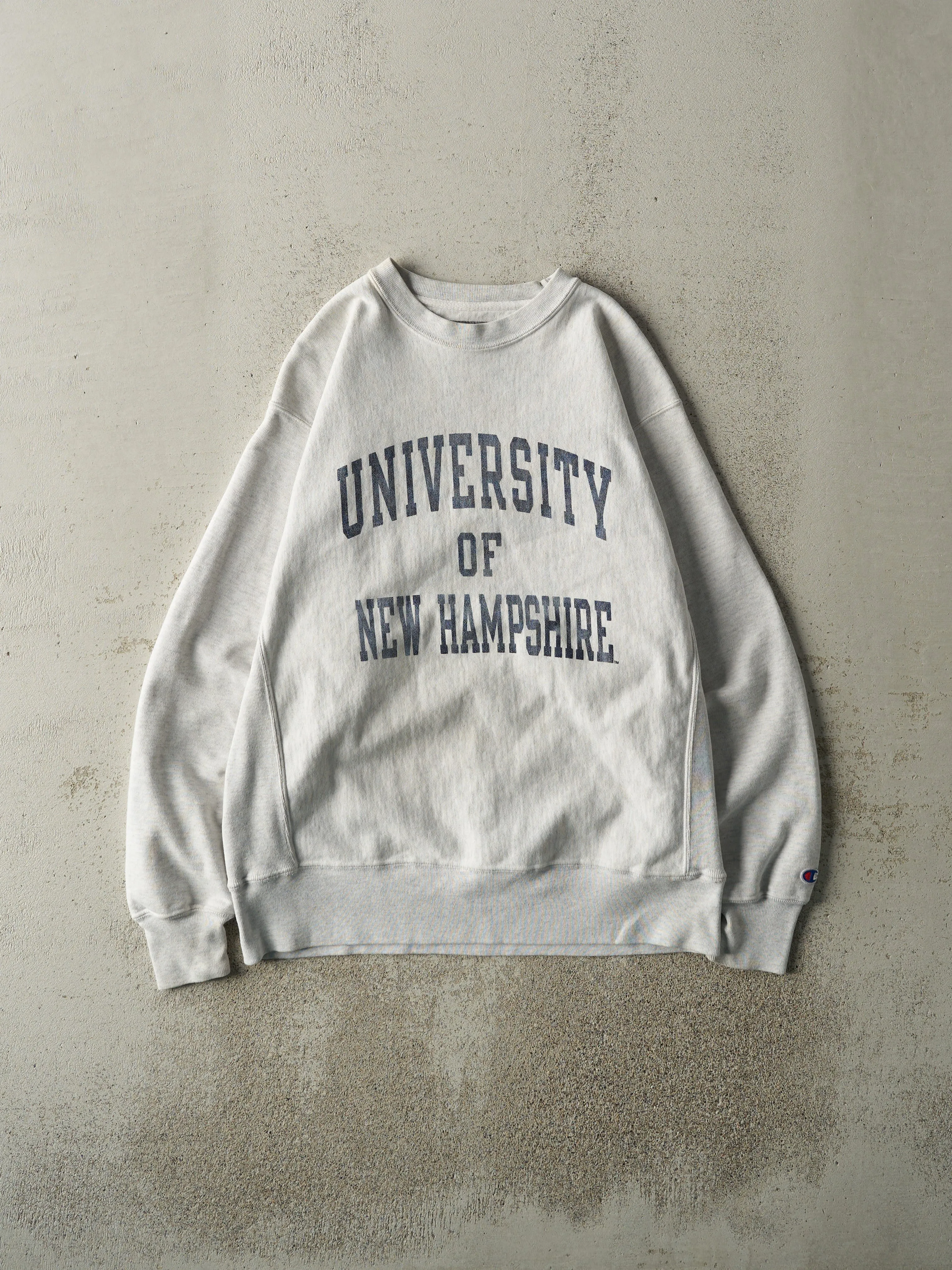 Vintage Y2K Heather Grey University of New Hampshire Champion Reverse Weave Crewneck (M) sold by Rebalance Vintage