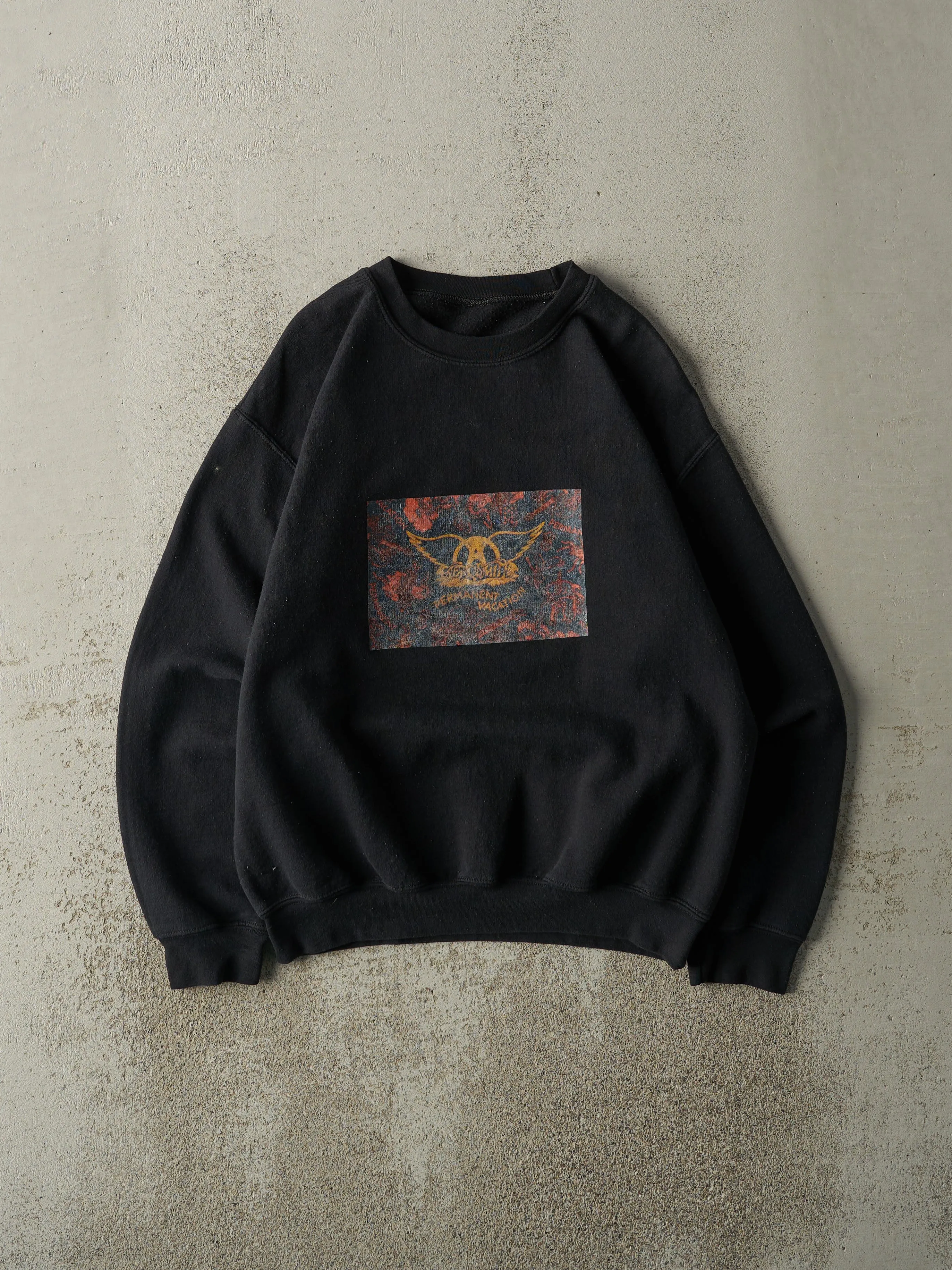 Vintage 90s Black Aerosmith Permenant Vacation Bootleg Crewneck (S/M) sold by Rebalance Vintage