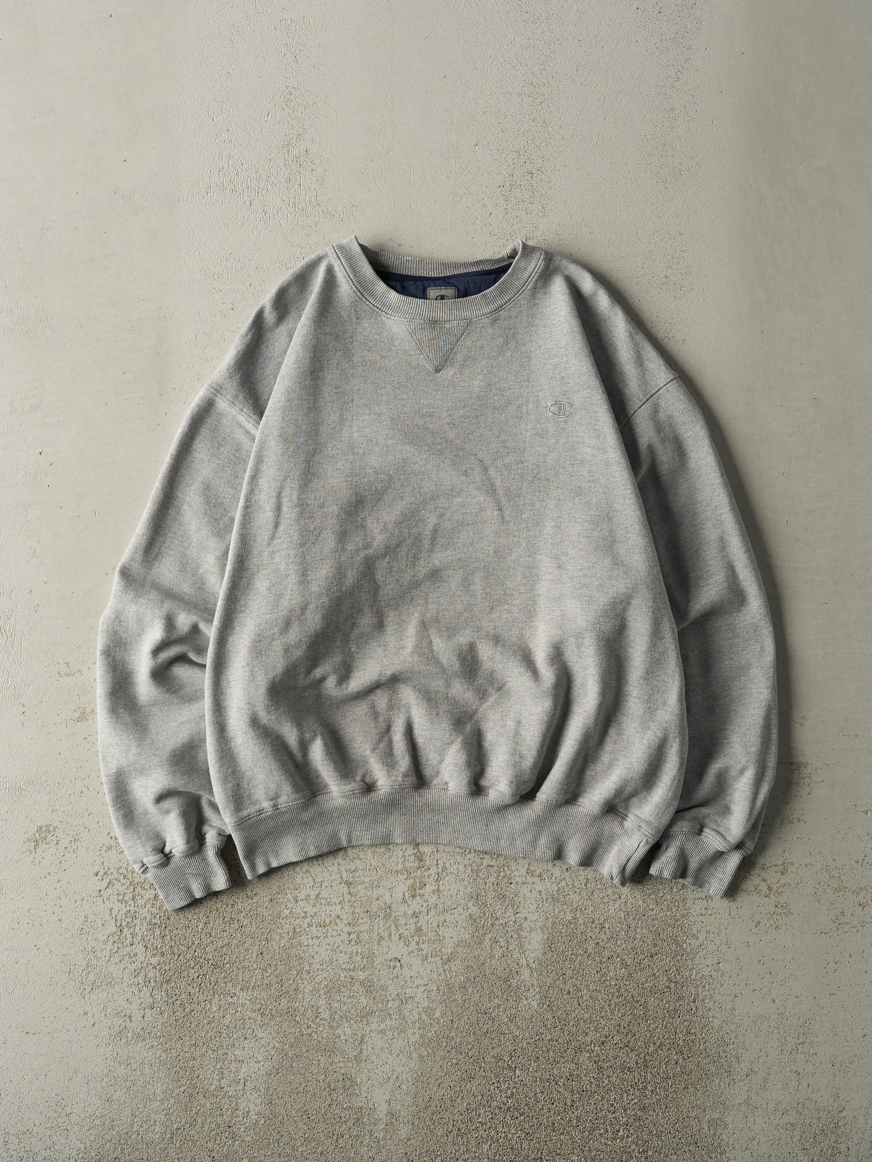 Vintage Y2K Grey Embroidered Champion Crewneck (L/XL) sold by Rebalance Vintage