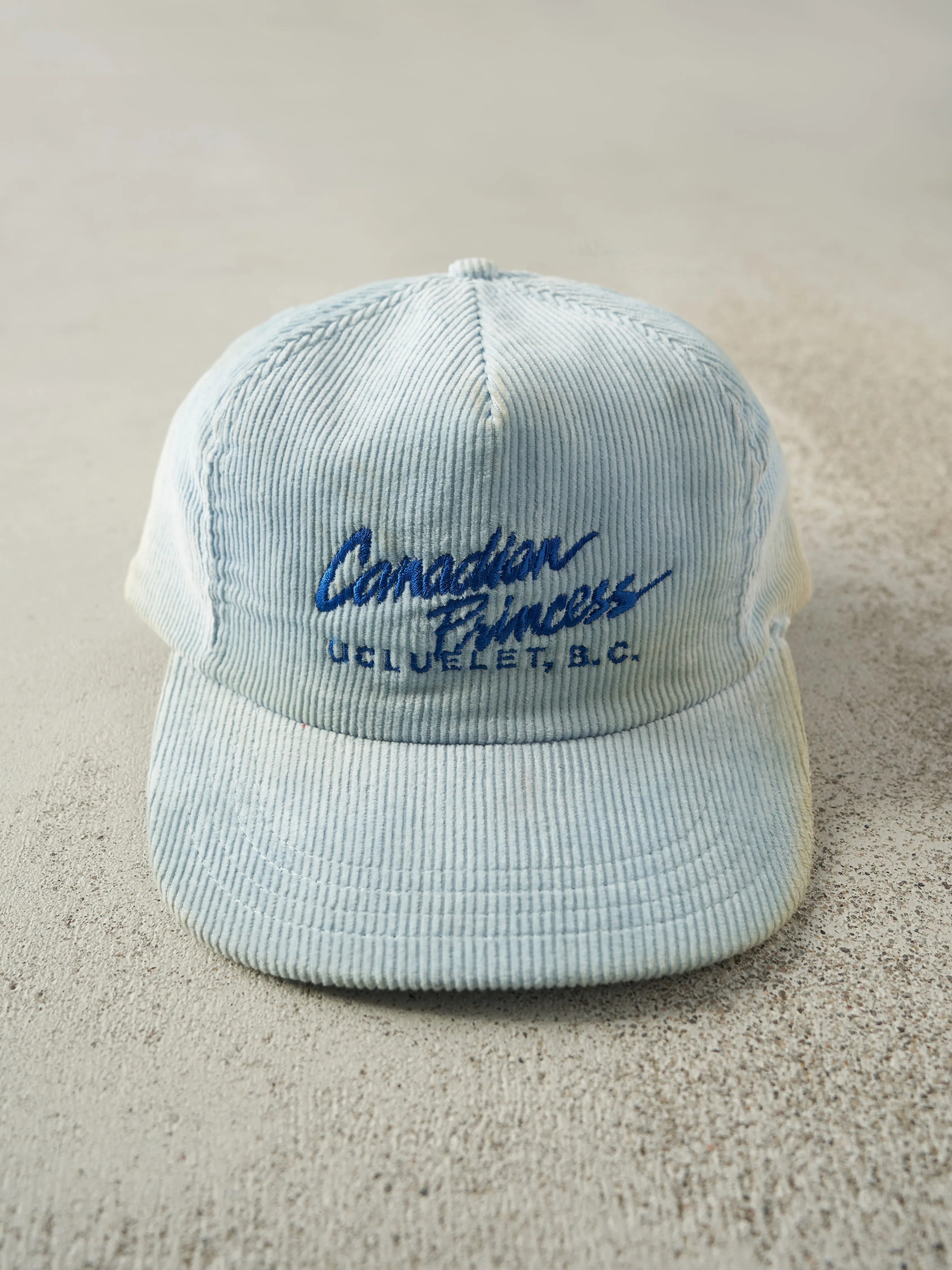 Vintage 90s Blue Canadian Princess Ucluelet, B.C. Corduroy Snapback sold by Rebalance Vintage