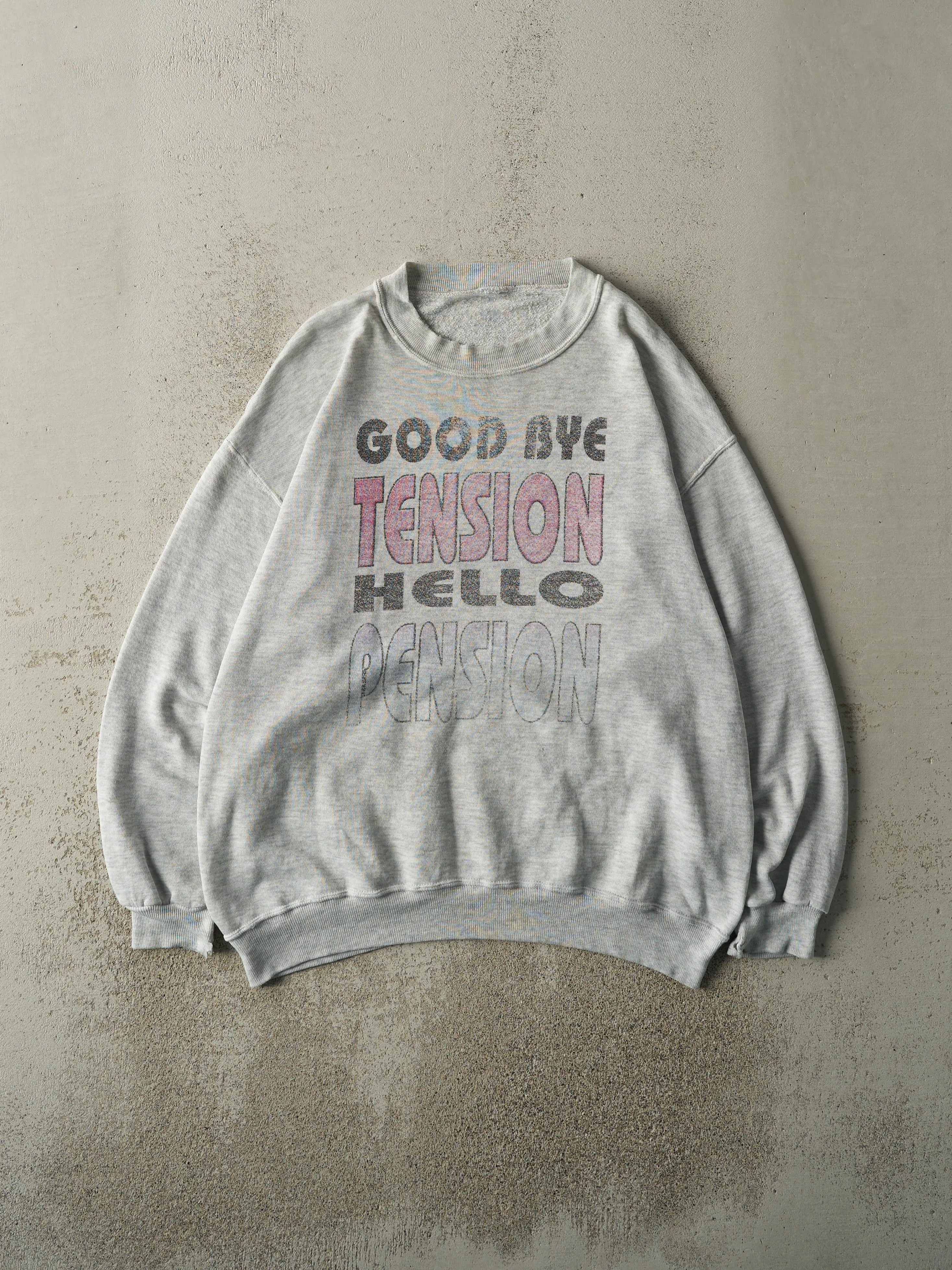Vintage 80s Heather Grey Pension Slogan Crewneck (L/XL) sold by Rebalance Vintage