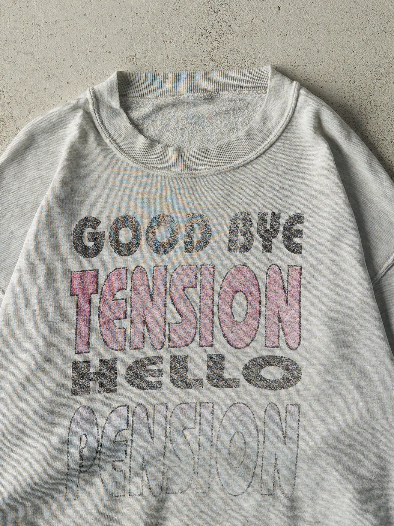Vintage 80s Heather Grey Pension Slogan Crewneck (L/XL) sold by Rebalance Vintage product image thumbnail 2