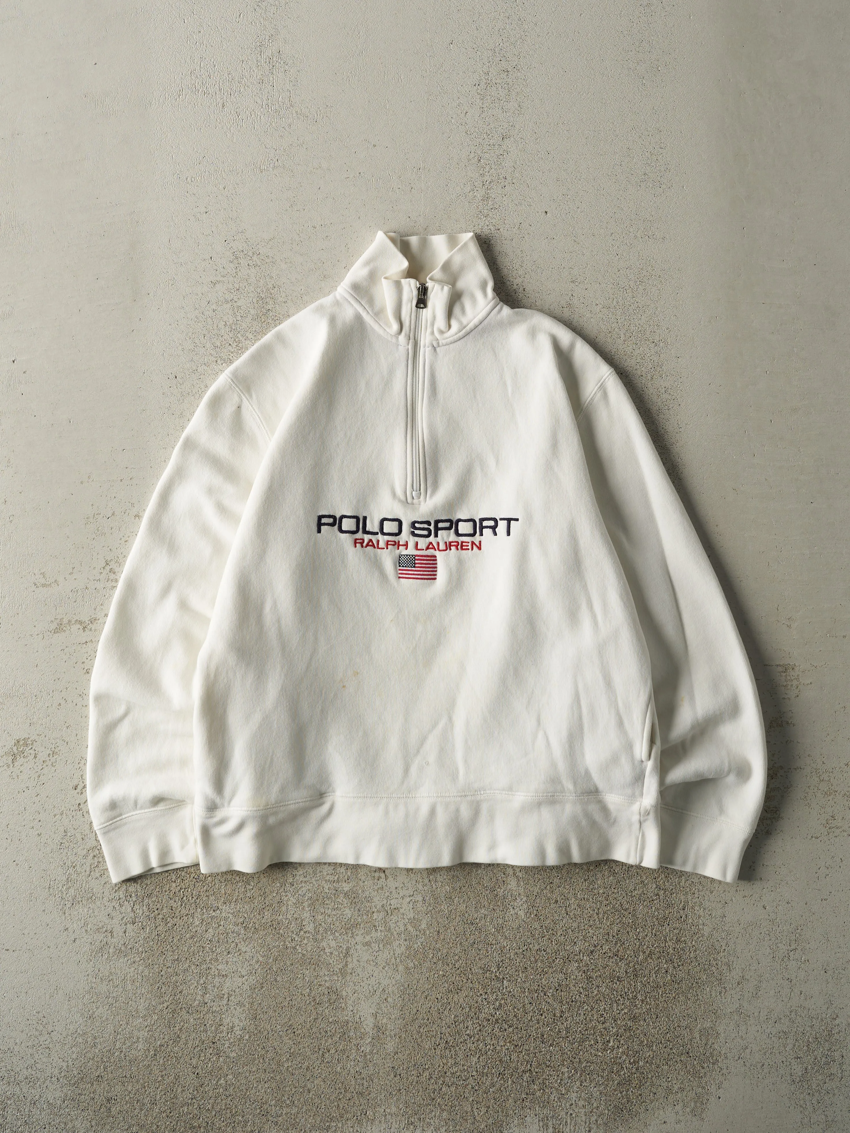 Vintage Y2K White Embroidered Polo Sport Quarter Zip (M/L) sold by Rebalance Vintage