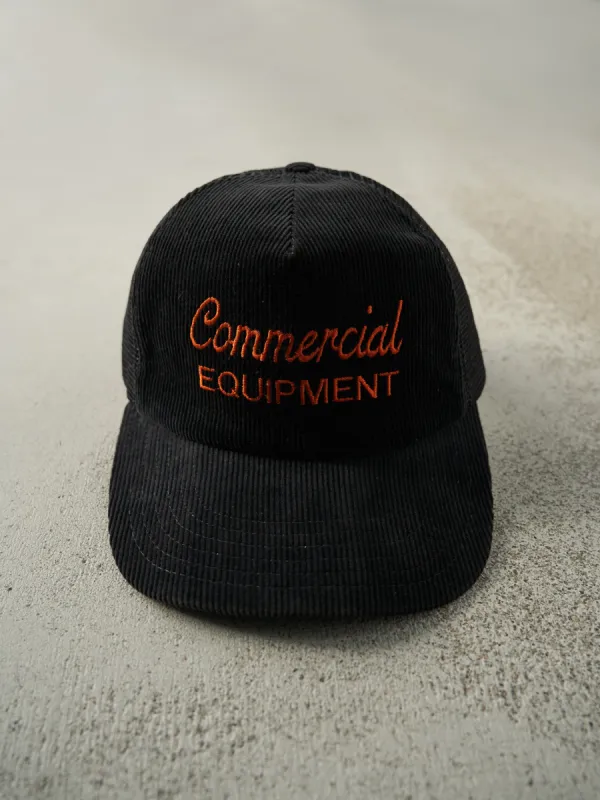 Vintage 80s Black Commercial Equipment Embroidered Corduroy Trucker Hat made by Rebalance Vintage