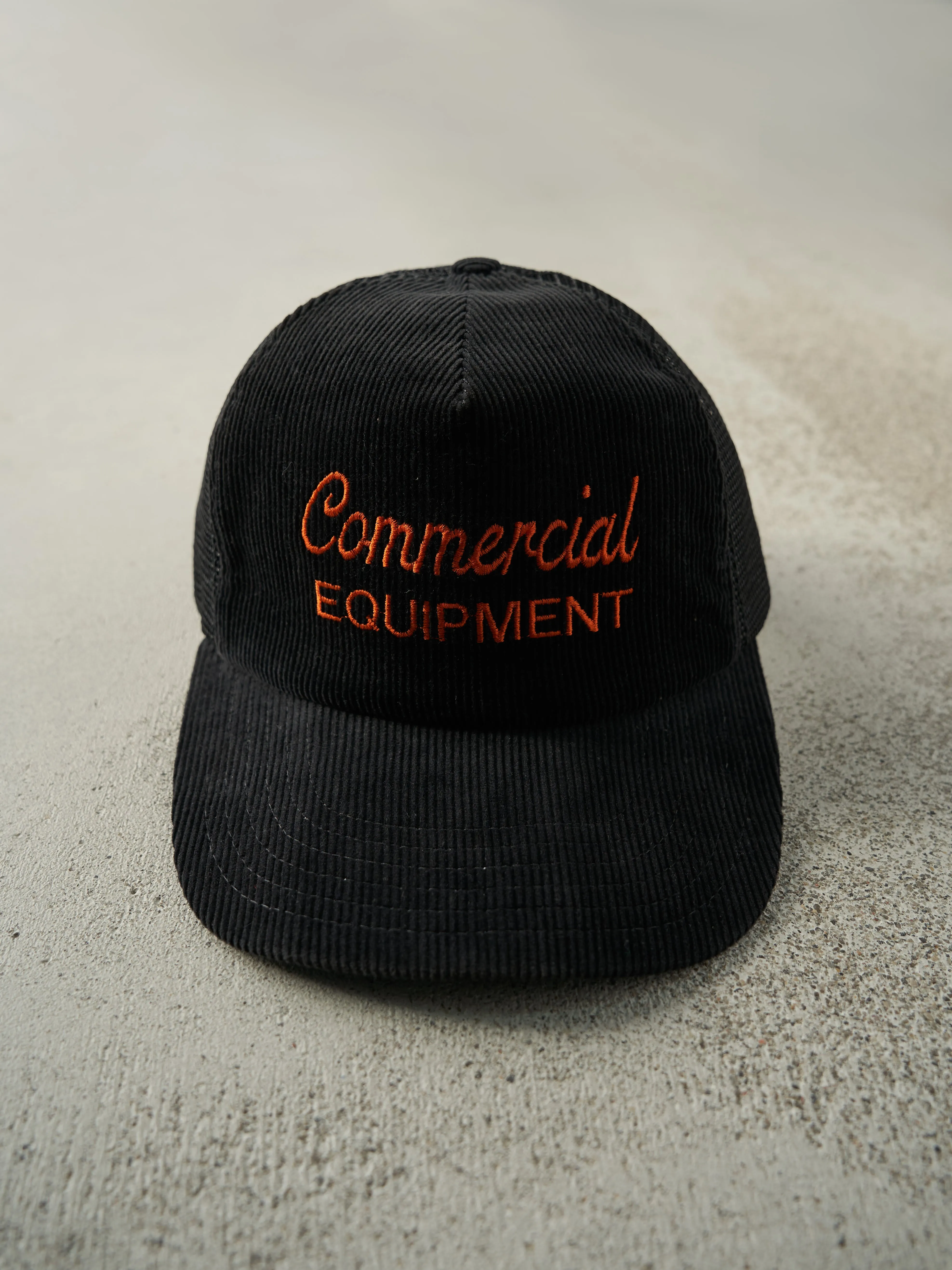 Vintage 80s Black Commercial Equipment Embroidered Corduroy Trucker Hat sold by Rebalance Vintage