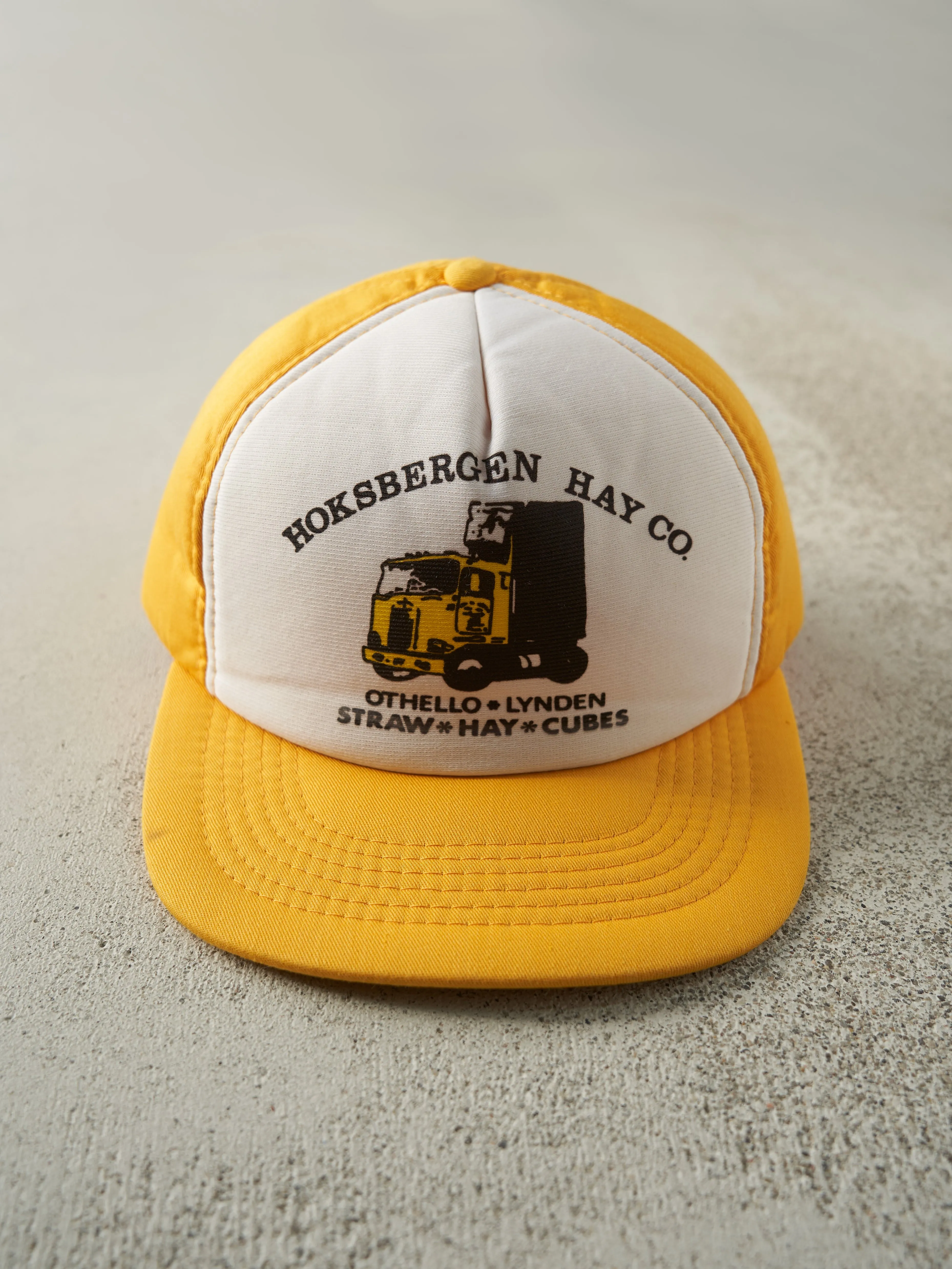 Vintage 80s Yellow & White Hoksbergen Hay Co. Foam Snapback Hat sold by Rebalance Vintage