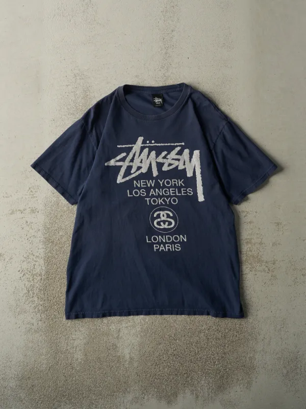 Vintage Y2K Navy Blue Stussy Stores Tee (M) sold by Rebalance Vintage