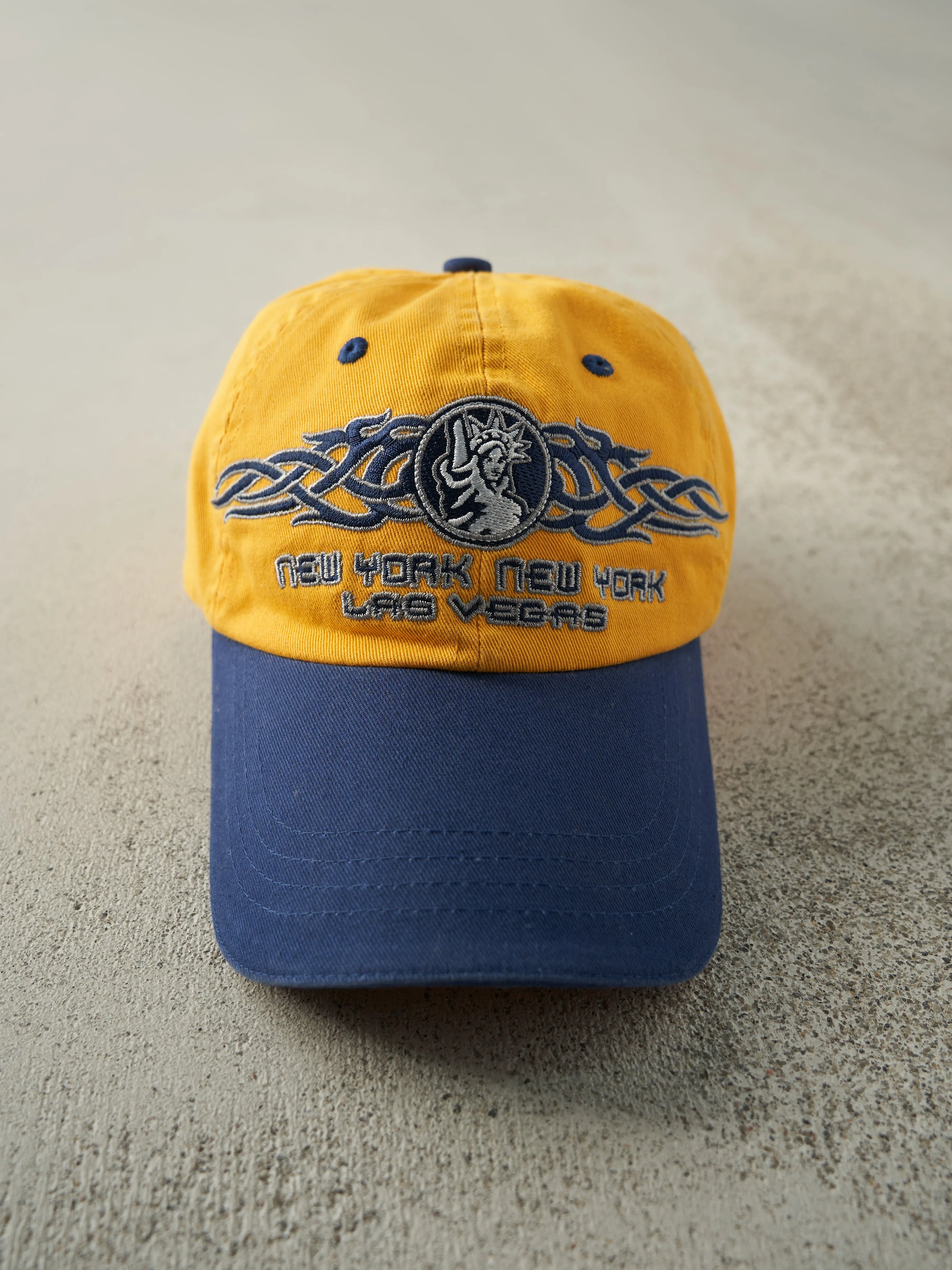 Vintage Y2K Yellow & Blue New York New York Las Vegas Embroidered Strap Back Hat sold by Rebalance Vintage