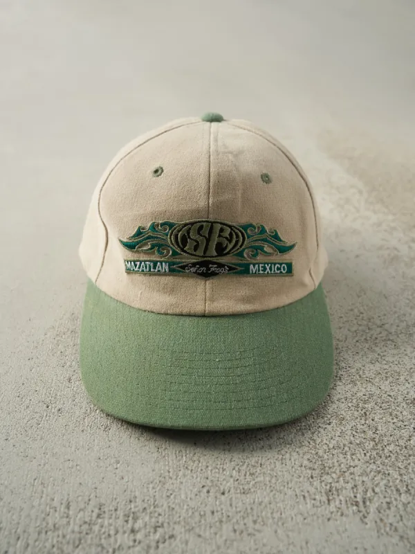 Vintage 90s Beige & Green Senor Frogs Mexico Embroidered Strap Back Hat sold by Rebalance Vintage