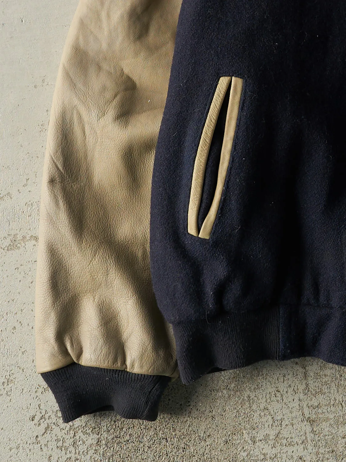 Vintage 90s Navy Blue & Beige CAT Embroidered Varsity Jacket (L) sold by Rebalance Vintage product image thumbnail 4