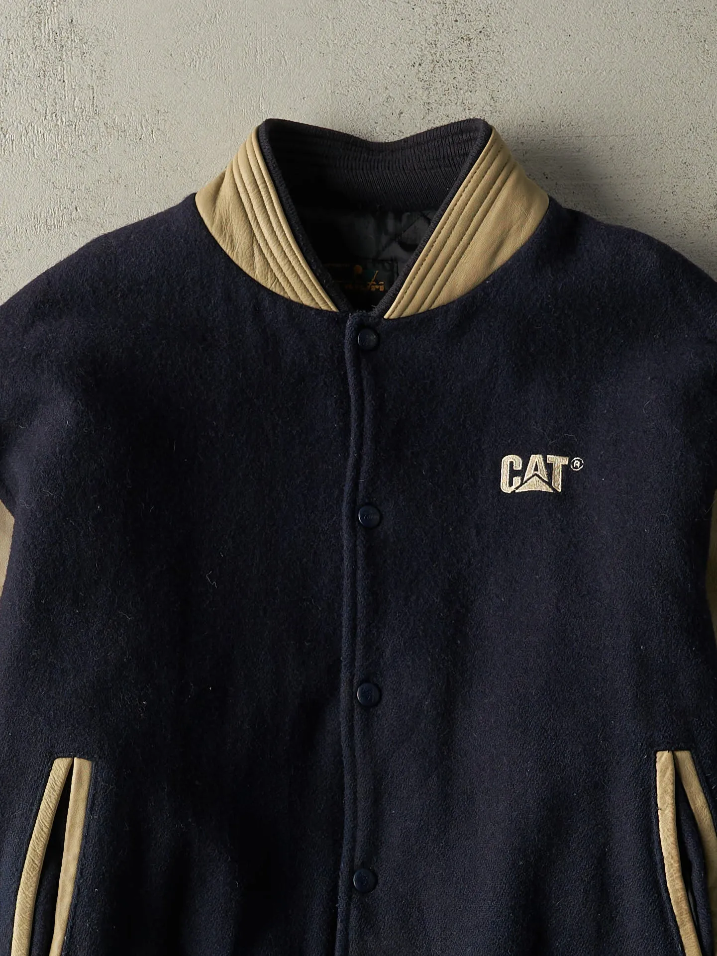 Vintage 90s Navy Blue & Beige CAT Embroidered Varsity Jacket (L) sold by Rebalance Vintage product image thumbnail 3