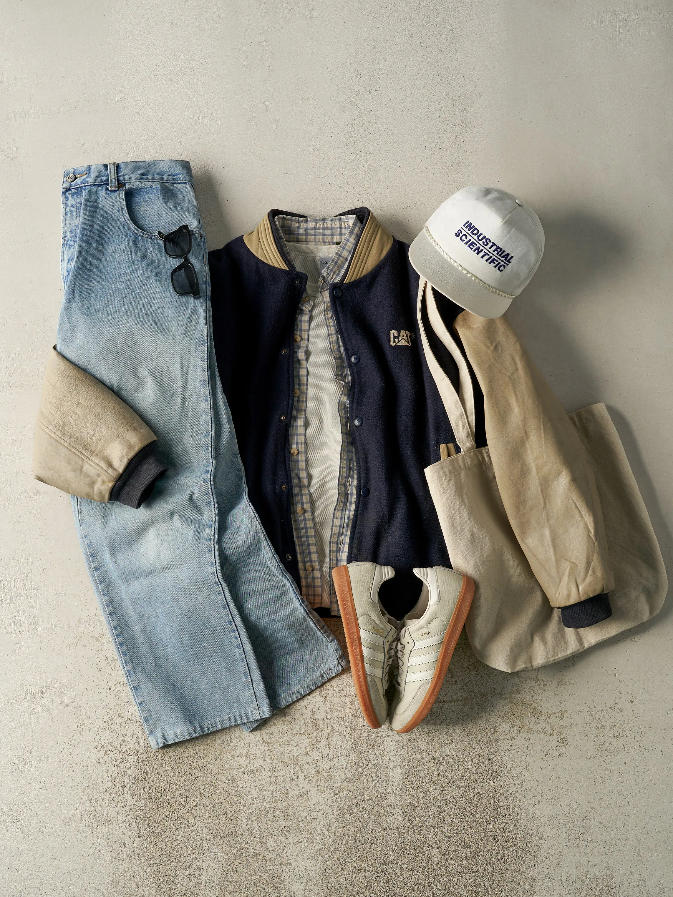 Vintage 90s Navy Blue & Beige CAT Embroidered Varsity Jacket (L) sold by Rebalance Vintage product image thumbnail 2