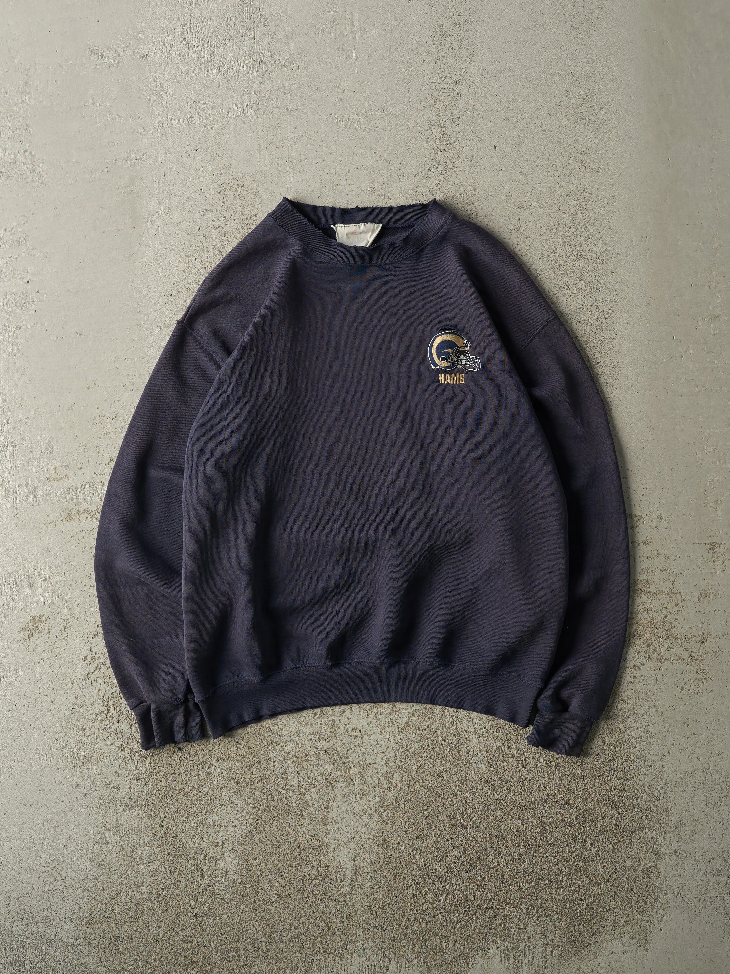 Vintage 90s Navy Blue Embroidered St. Louis Rams Crewneck (M) sold by Rebalance Vintage