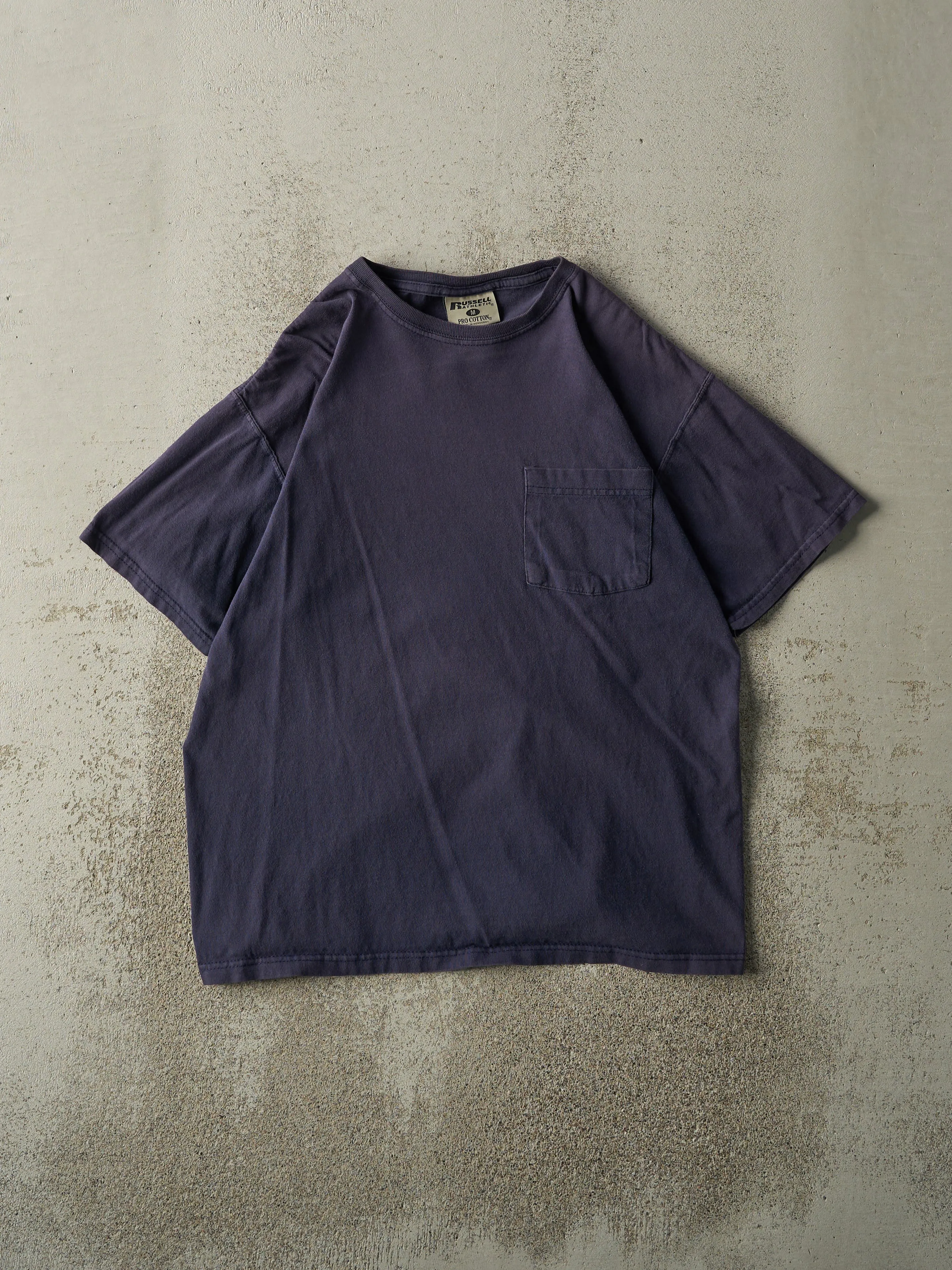 Vintage Y2K Navy Blue Russell Athletic Blank Pocket Tee (M) sold by Rebalance Vintage