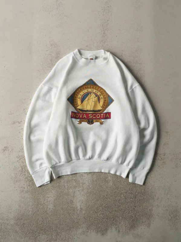 Vintage 90s White Nova Scotia Cewneck (L) sold by Rebalance Vintage