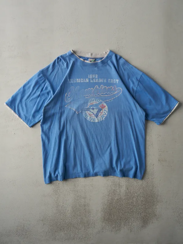 Vintage 92' Faded Blue Toronto Blue Jays ALE Champions Double Neck Tee (L) sold by Rebalance Vintage