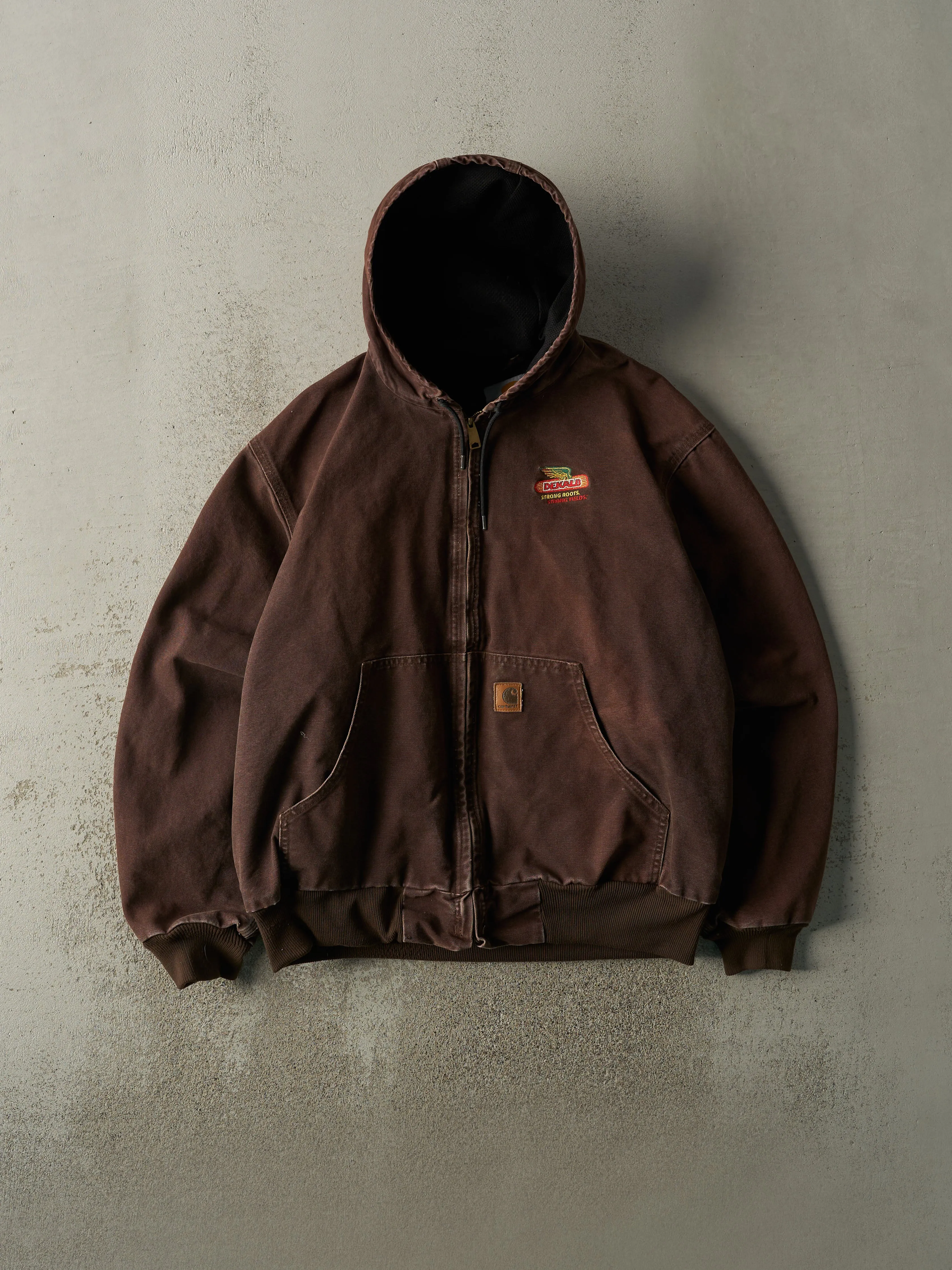 Vintage 90s Sun Faded Dark Brown Active Hooded Mesh Lined Carhartt Jacket (XL) sold by Rebalance Vintage