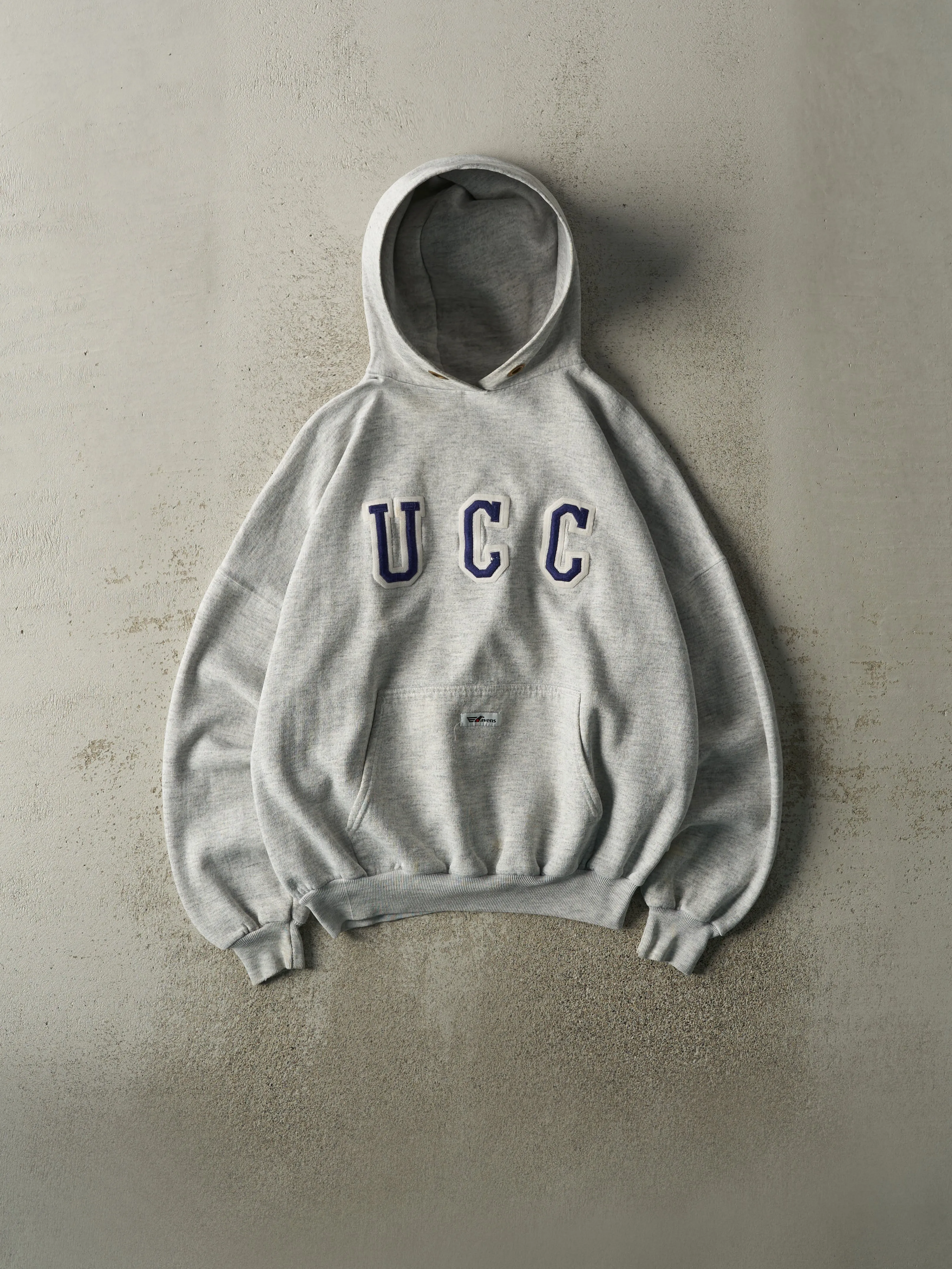 Vintage 90s Heather Grey Embroidered UCC Boxy Hoodie (L) sold by Rebalance Vintage