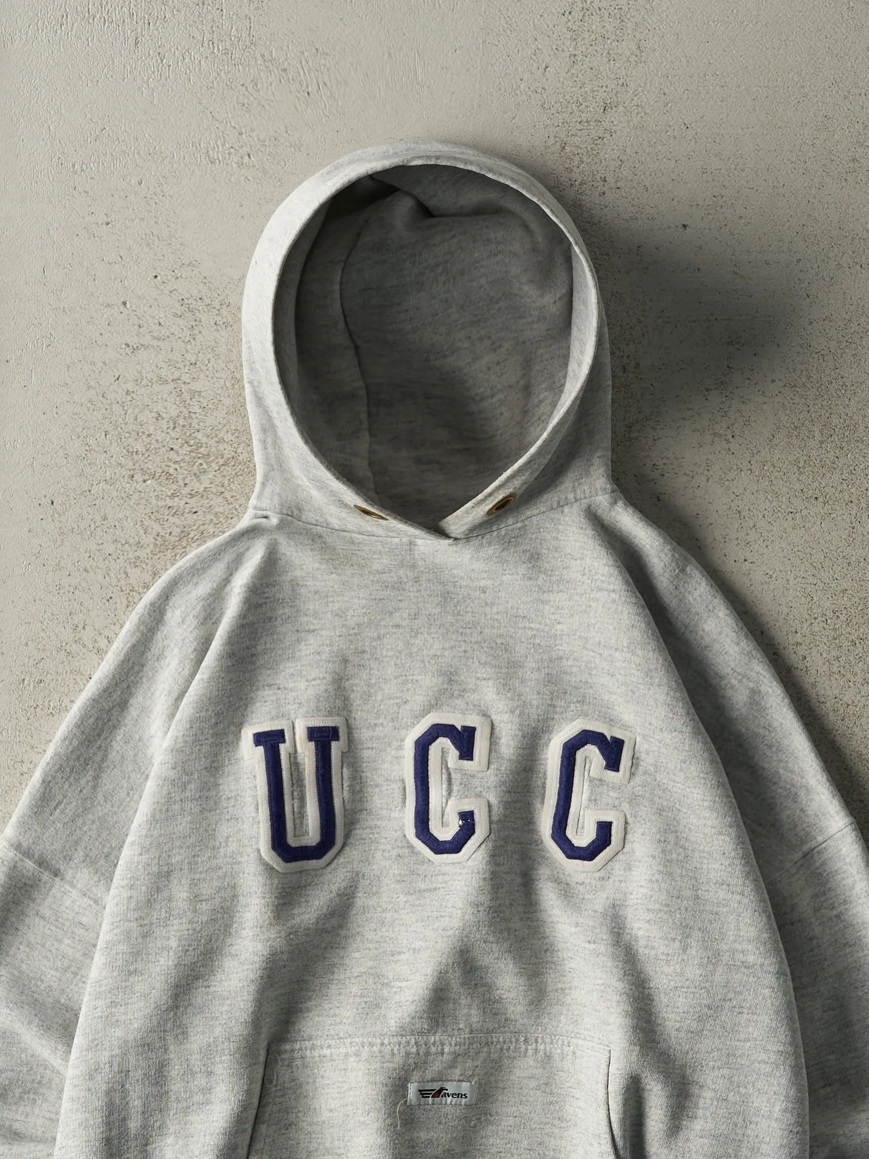 Vintage 90s Heather Grey Embroidered UCC Boxy Hoodie (L) sold by Rebalance Vintage product image thumbnail 2
