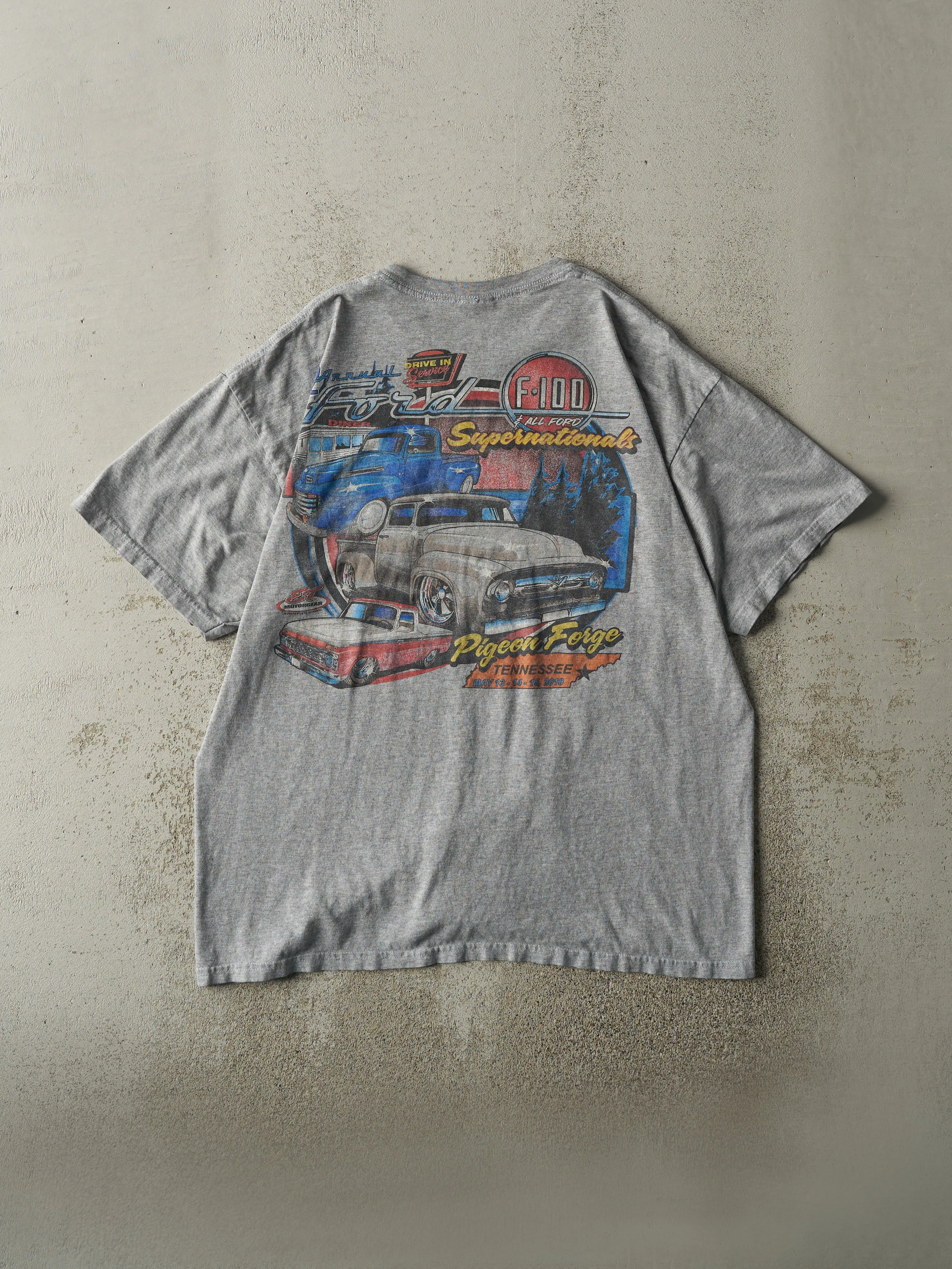 Vintage 10' Grey Ford Supernationals Pocket Tee (L) sold by Rebalance Vintage