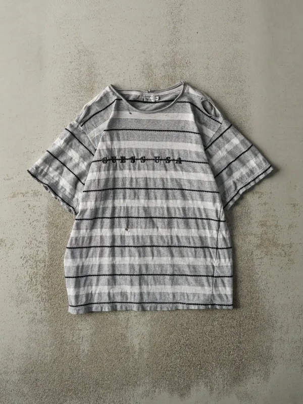 Vintage Y2K Grey & White Embroidered Guess Striped Tee (S/M) sold by Rebalance Vintage