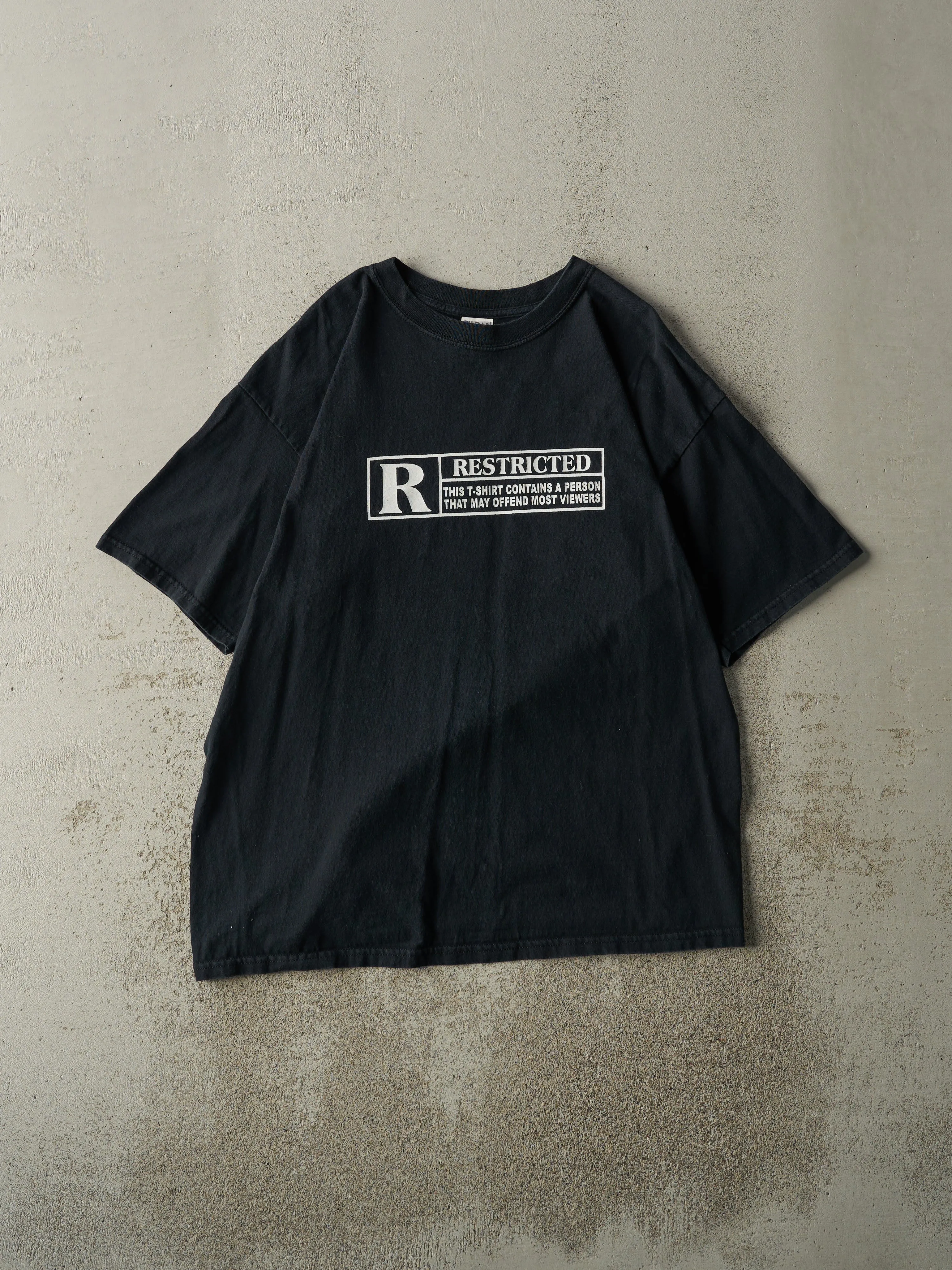 Vintage Y2K Black Rated R Slogan Tee (L/XL) sold by Rebalance Vintage
