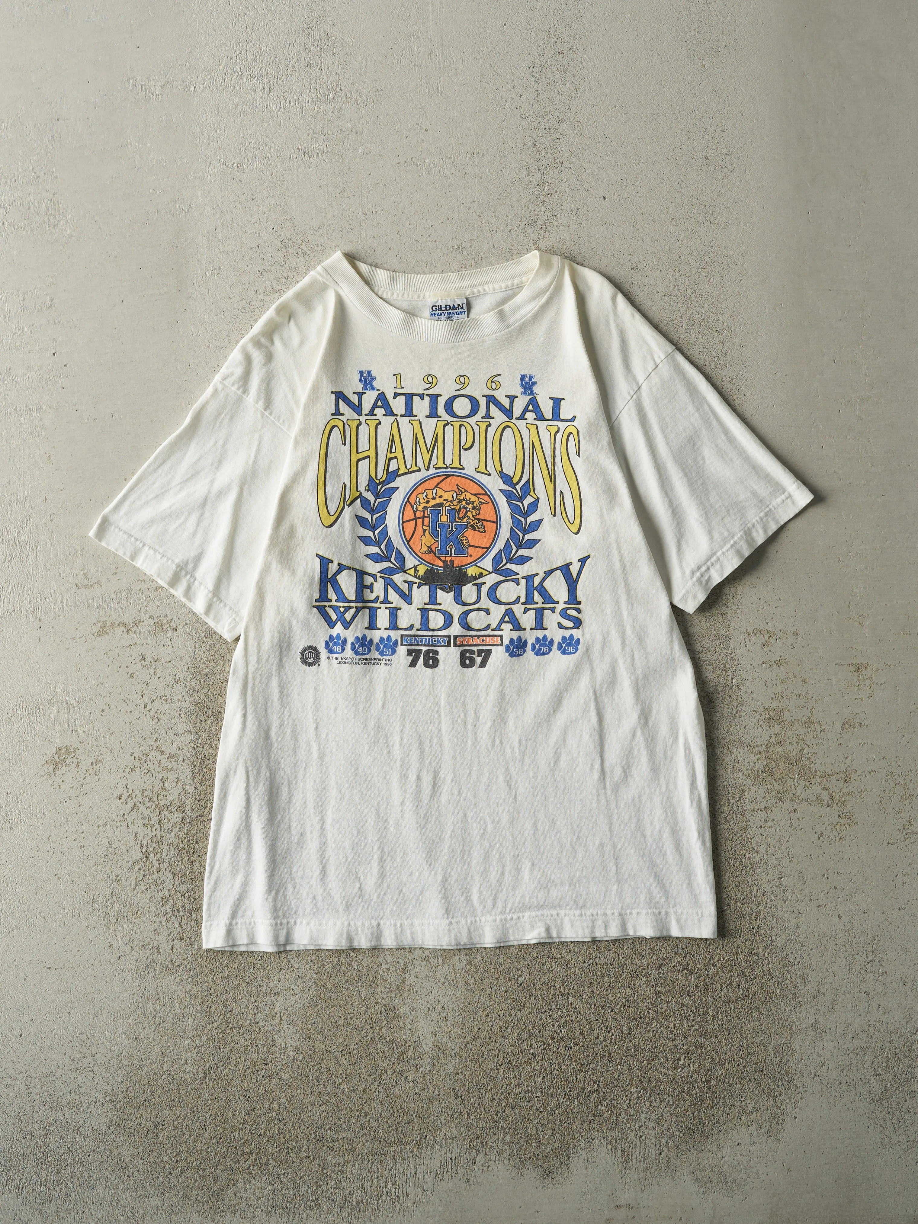 Vintage 96' White University of Kentucky Wildcats National Champions Tee (M) sold by Rebalance Vintage