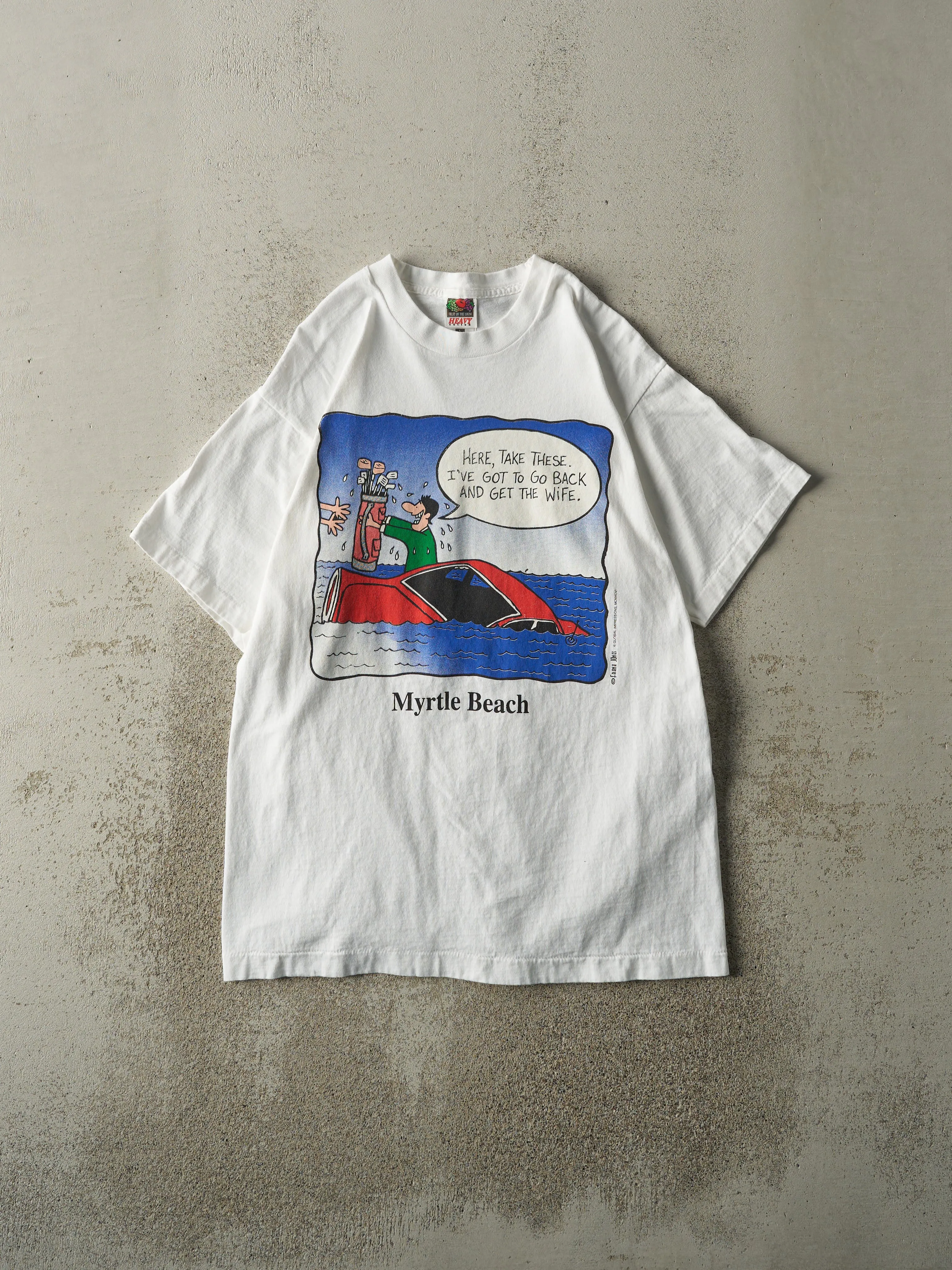 Vintage 90s White Myrtle Beach Slogan Single Stitch Tee (M) sold by Rebalance Vintage