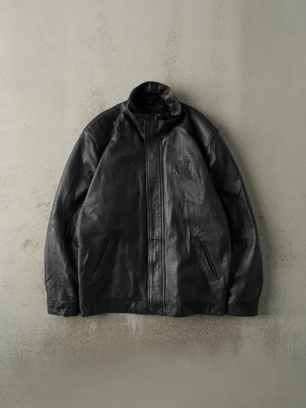 Vintage 90s Black Embroidered Fire Dept Leather Jacket (XL) sold by Rebalance Vintage