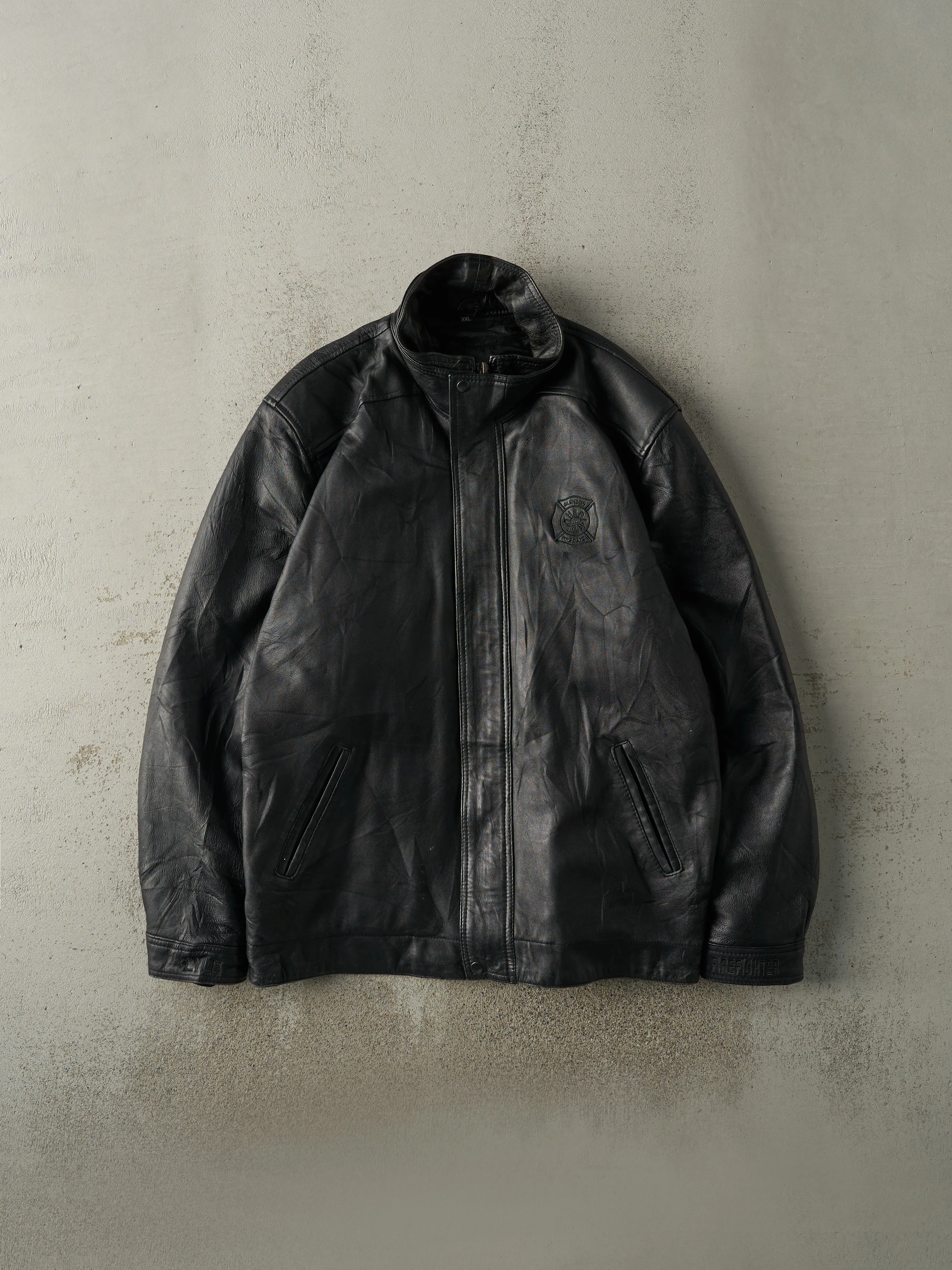 Vintage 90s Black Embroidered Fire Dept Leather Jacket (XL) sold by Rebalance Vintage