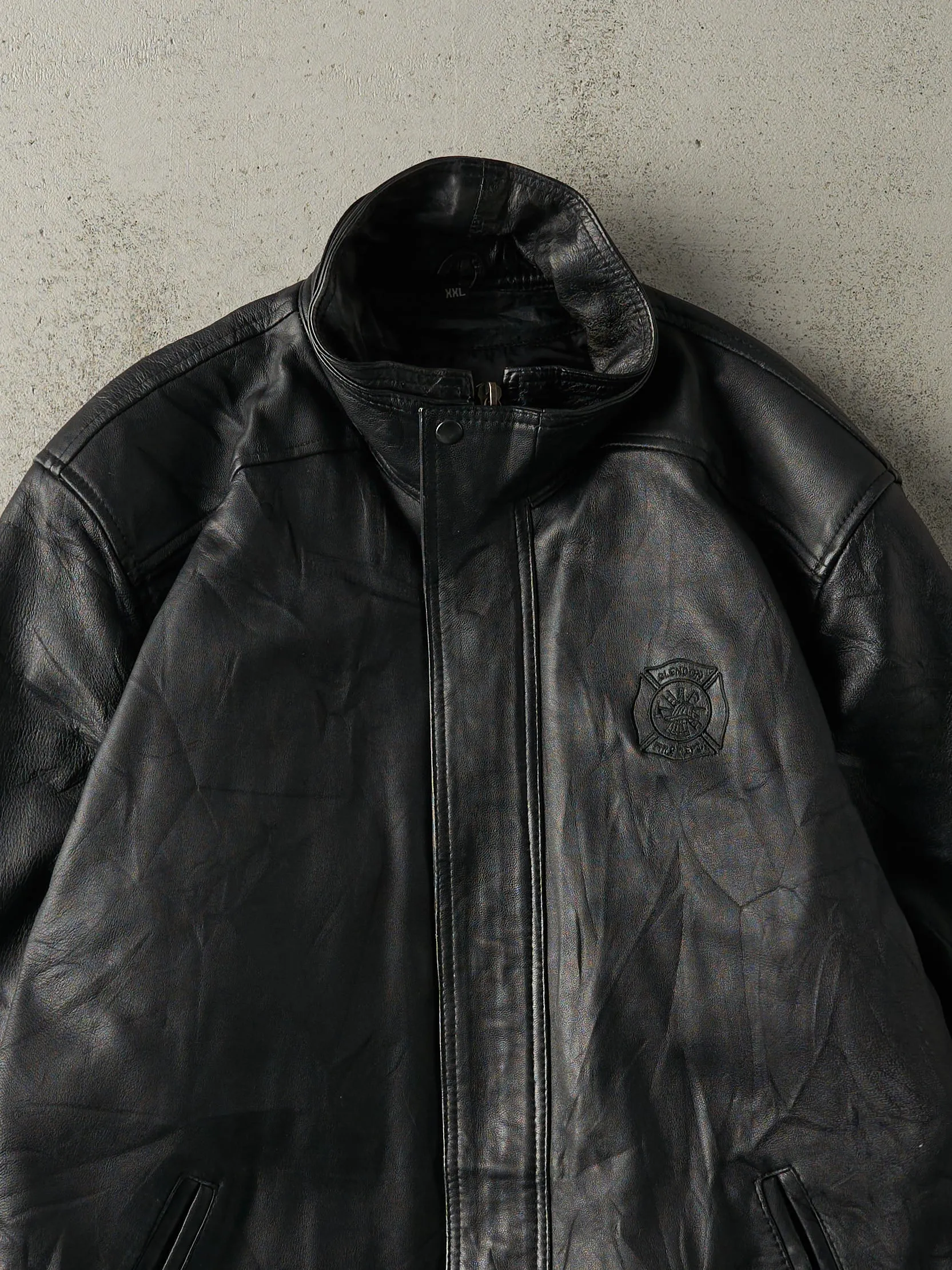 Vintage 90s Black Embroidered Fire Dept Leather Jacket (XL) sold by Rebalance Vintage product image thumbnail 3