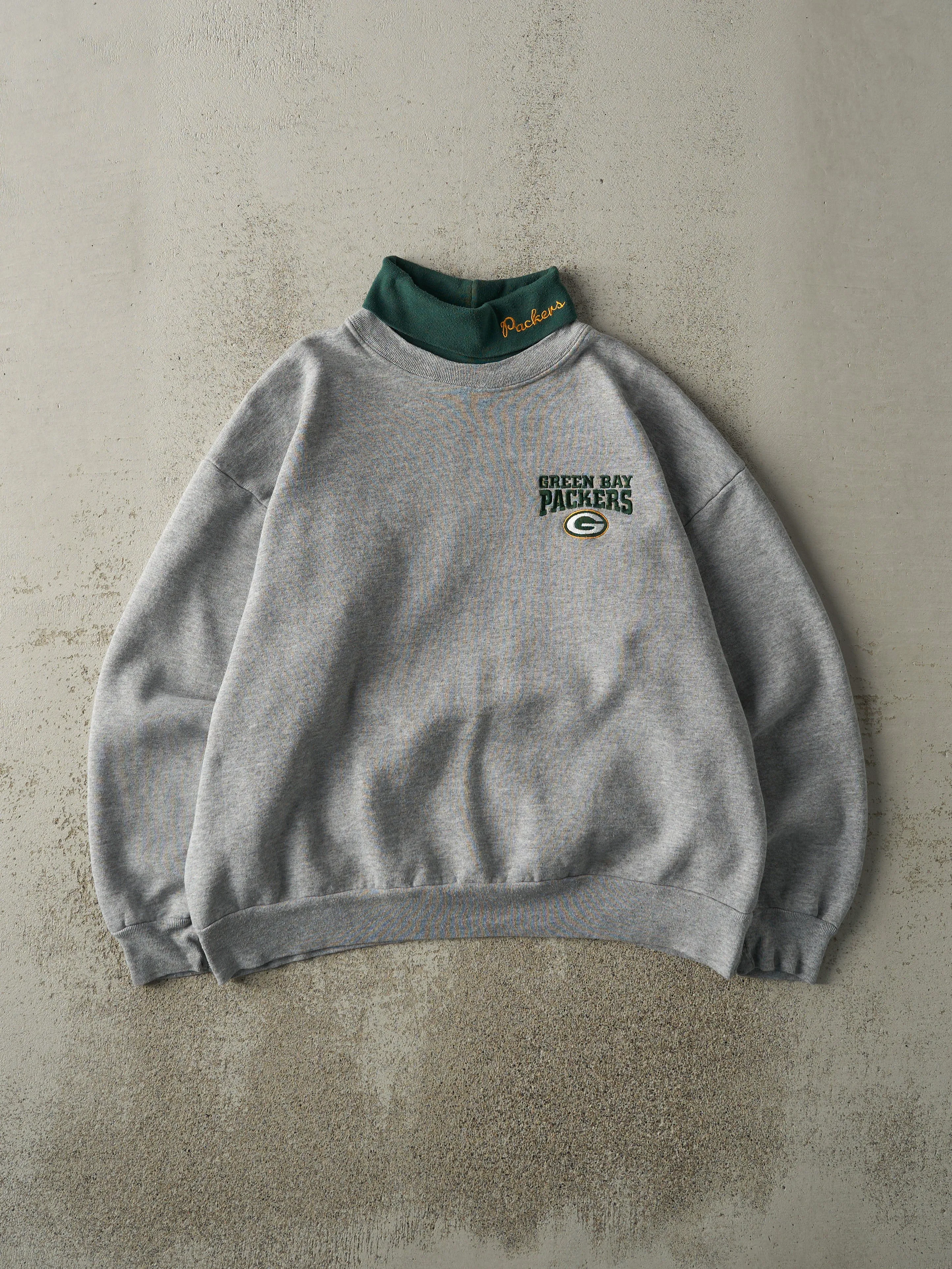 Vintage 90s Grey Embroidered Green Bay Packers Turtleneck Sweatshirt (L) sold by Rebalance Vintage