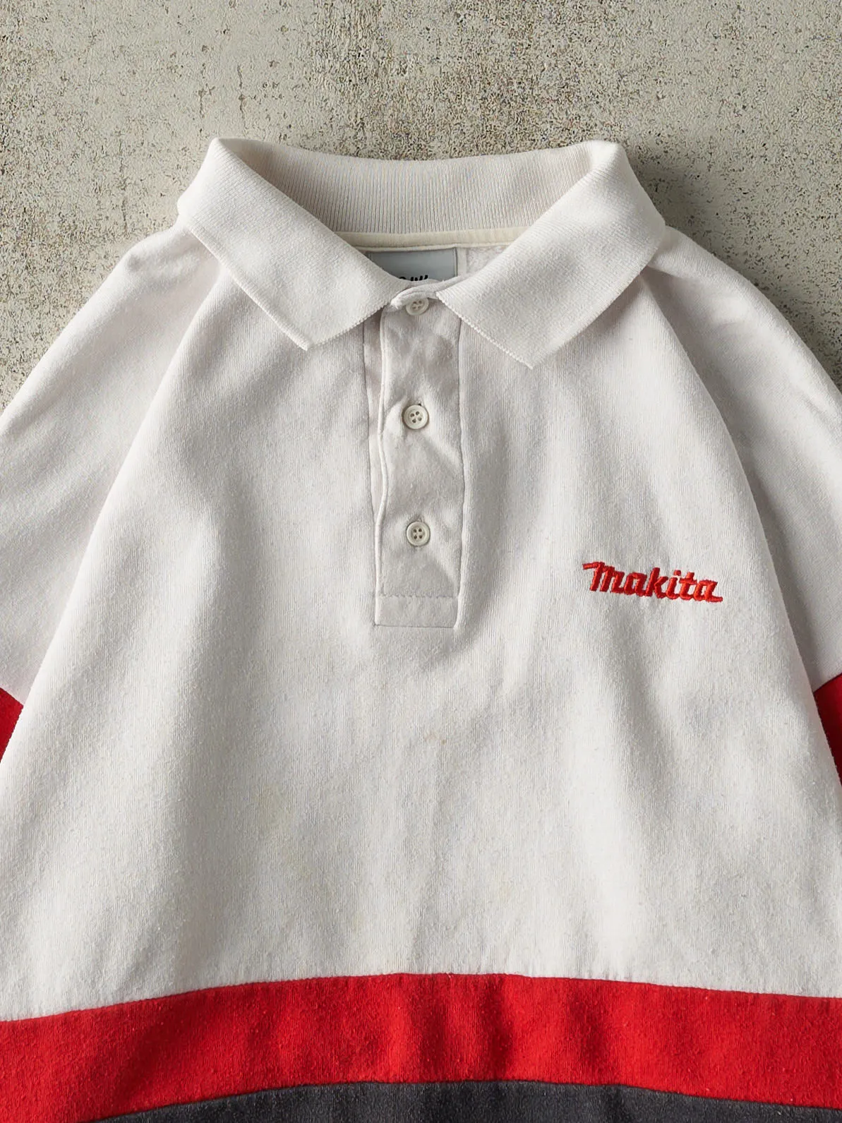 Vintage Y2K White, Red & Grey Embroidered Makita Tools Quarter Button Sweatshirt (M) sold by Rebalance Vintage product image thumbnail 2