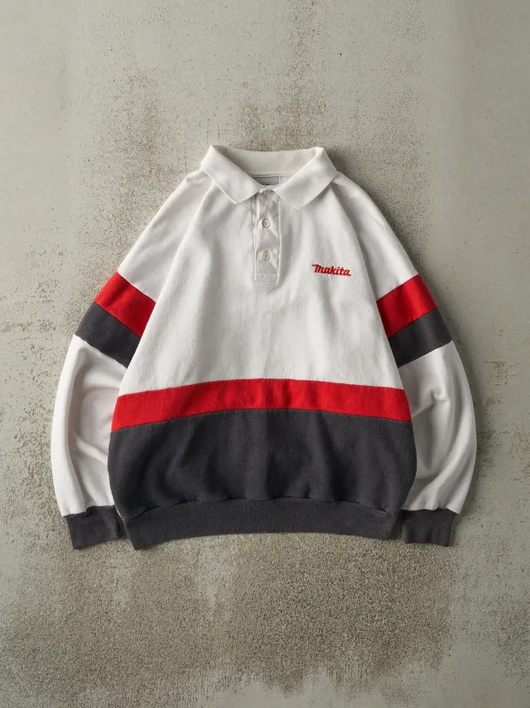 Vintage Y2K White, Red & Grey Embroidered Makita Tools Quarter Button Sweatshirt (M) sold by Rebalance Vintage
