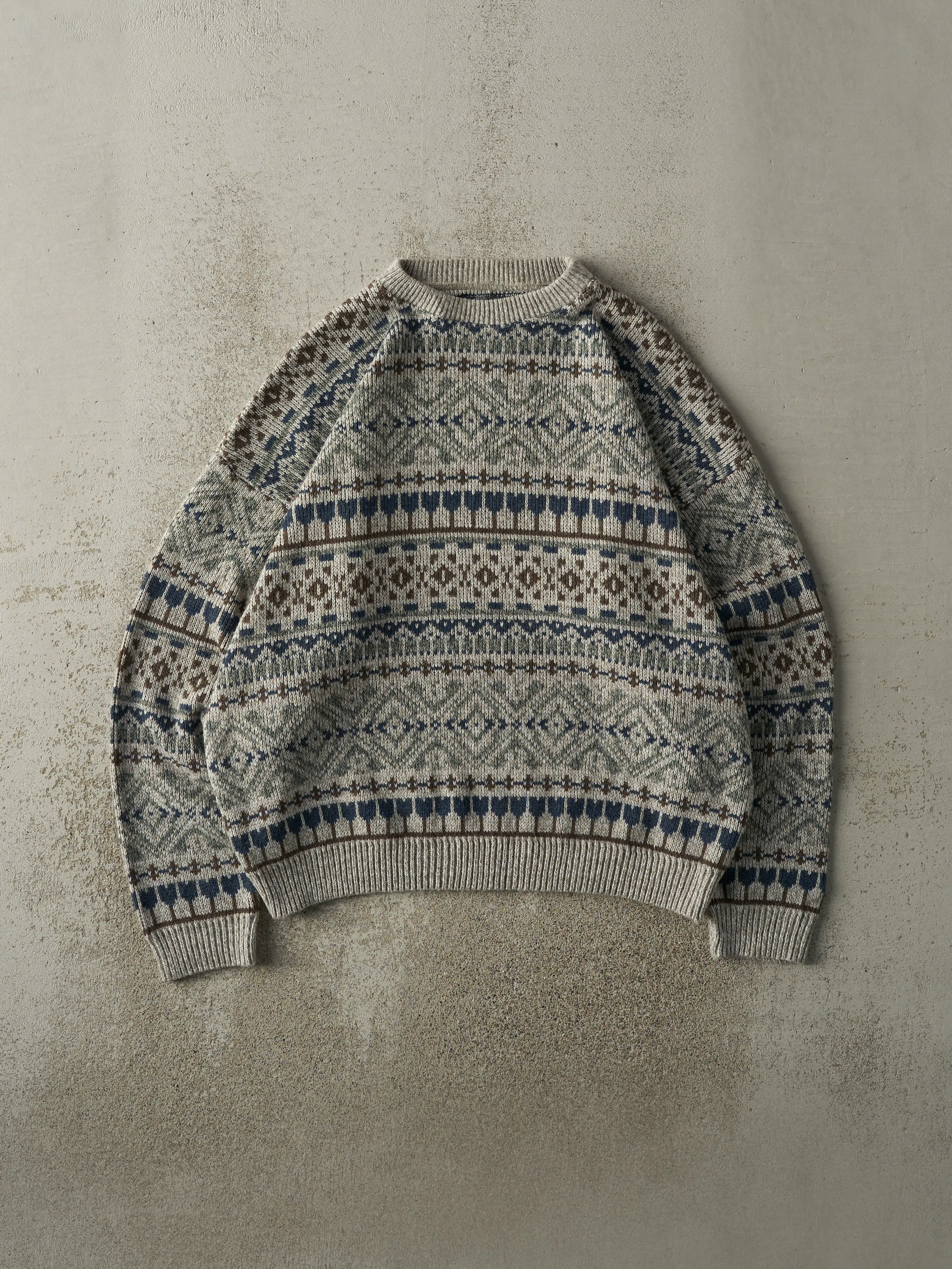 Vintage 80s Beige, Blue & Brown Grandpa Boxy Knit (L) sold by Rebalance Vintage