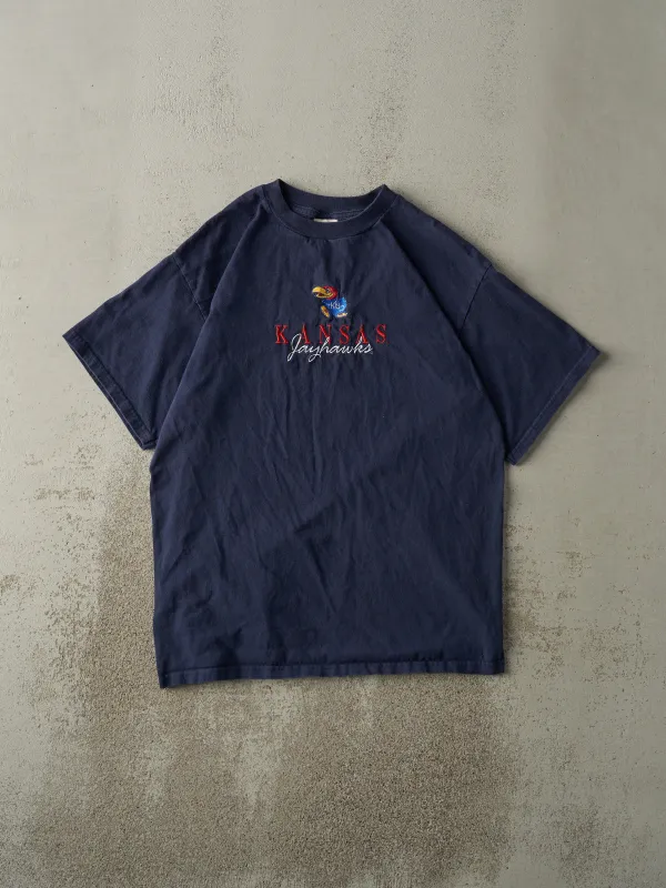 Vintage 90s Navy Blue Embroidered Kansas Jayhawks Tee (M) sold by Rebalance Vintage