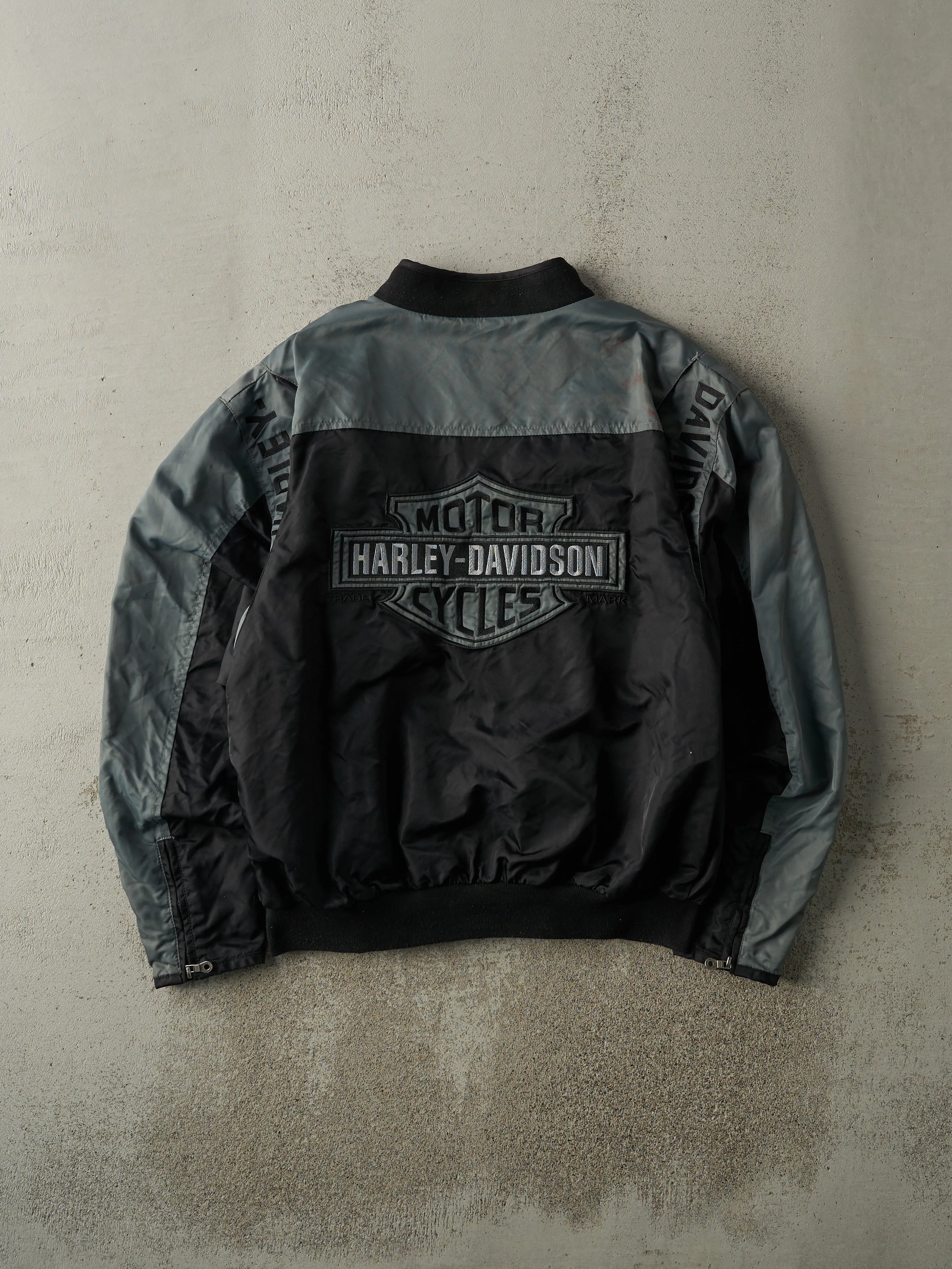 Vintage Y2K Black & Grey Harley Davidson Bomber Jacket (L) sold by Rebalance Vintage