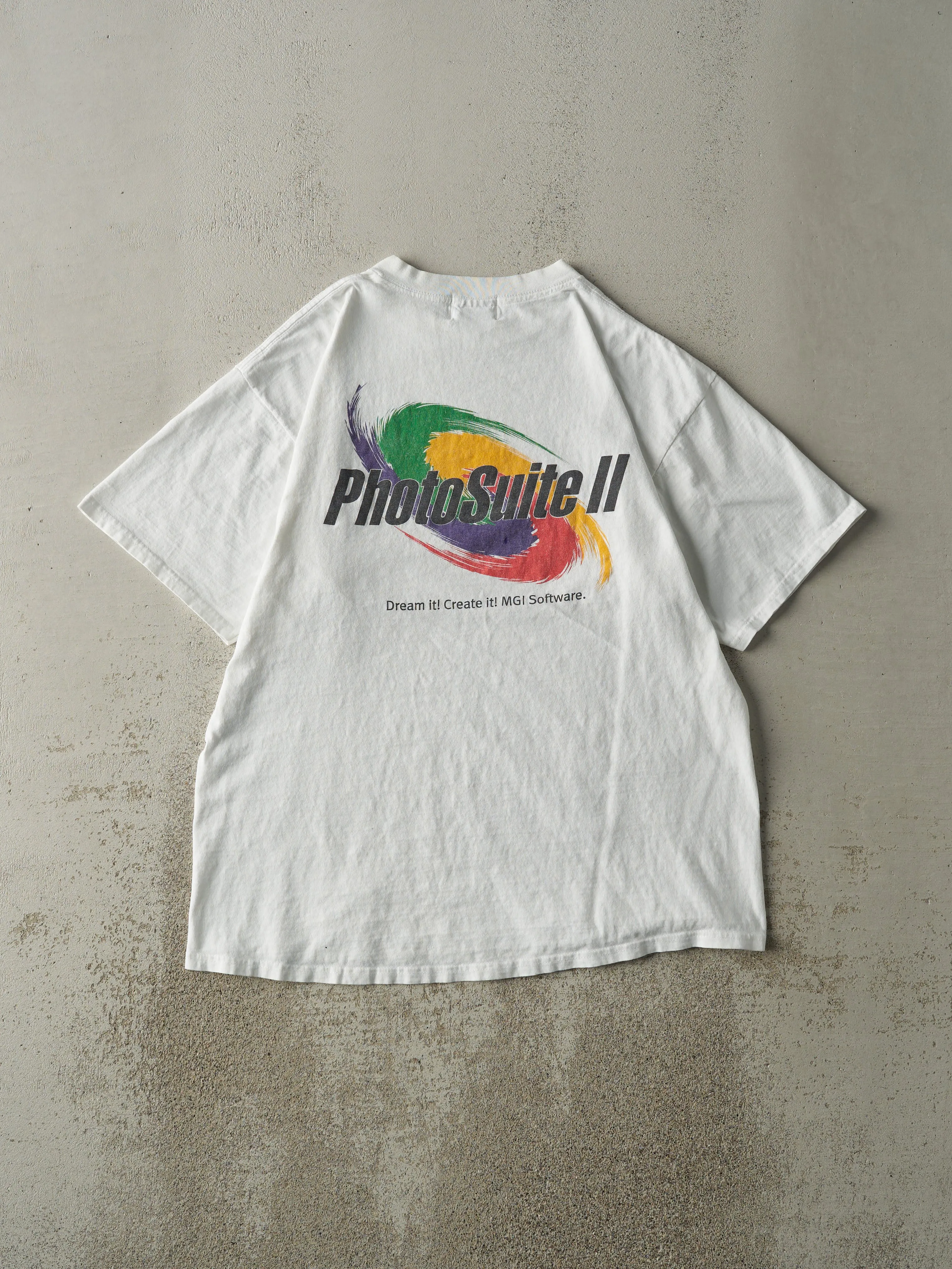 Vintage 90s White MGI Photo Suite II Roots Tee (L) sold by Rebalance Vintage