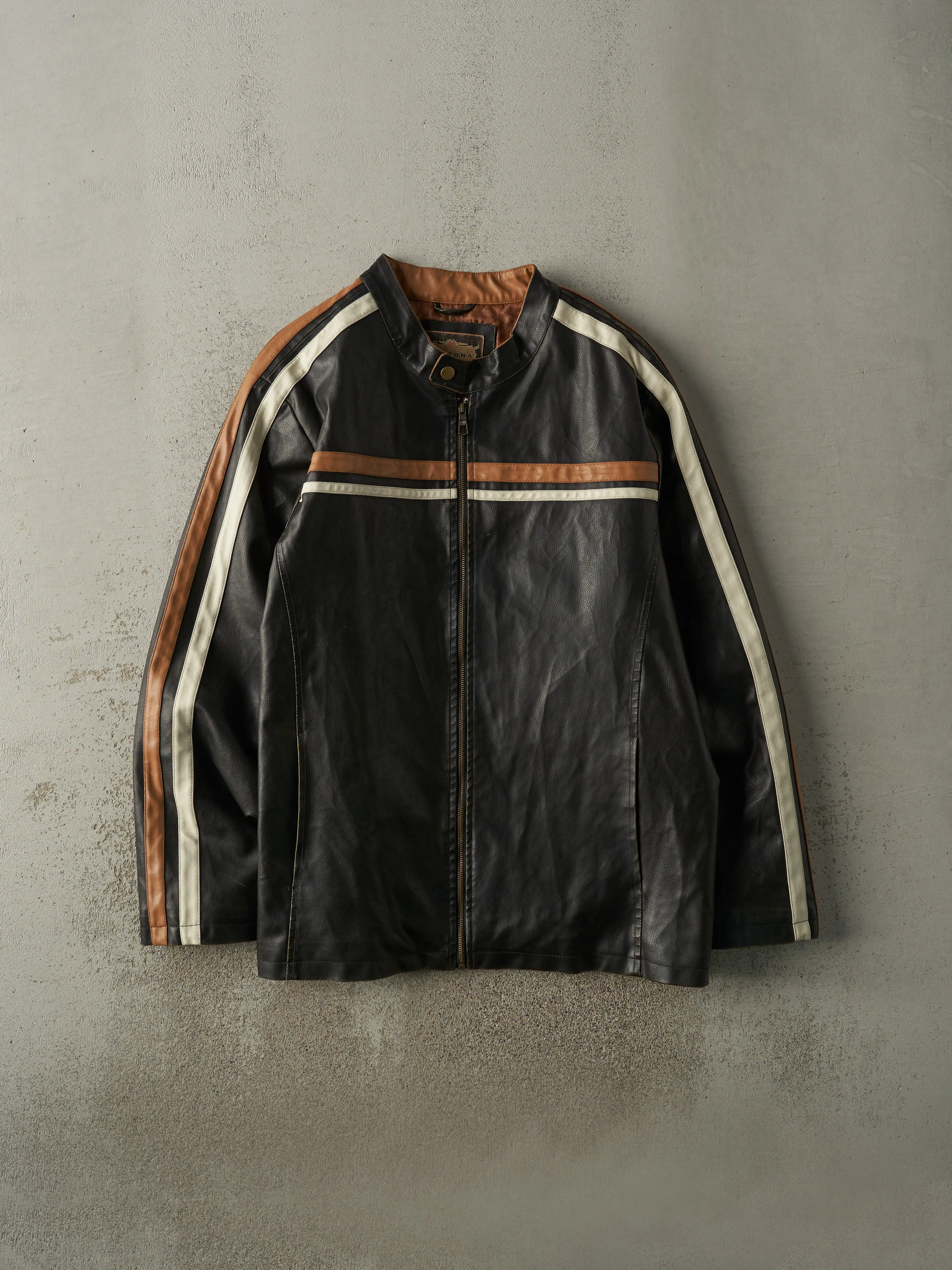 Vintage Y2K Black & Brown Striped Leather Biker Jacket (L) sold by Rebalance Vintage
