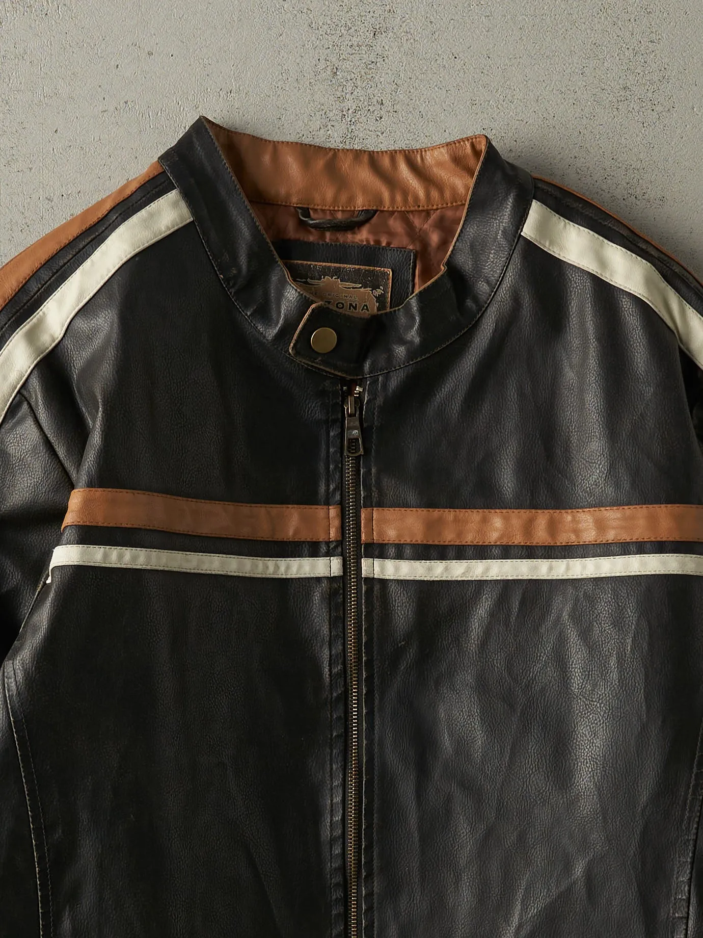 Vintage Y2K Black & Brown Striped Leather Biker Jacket (L) sold by Rebalance Vintage product image thumbnail 2