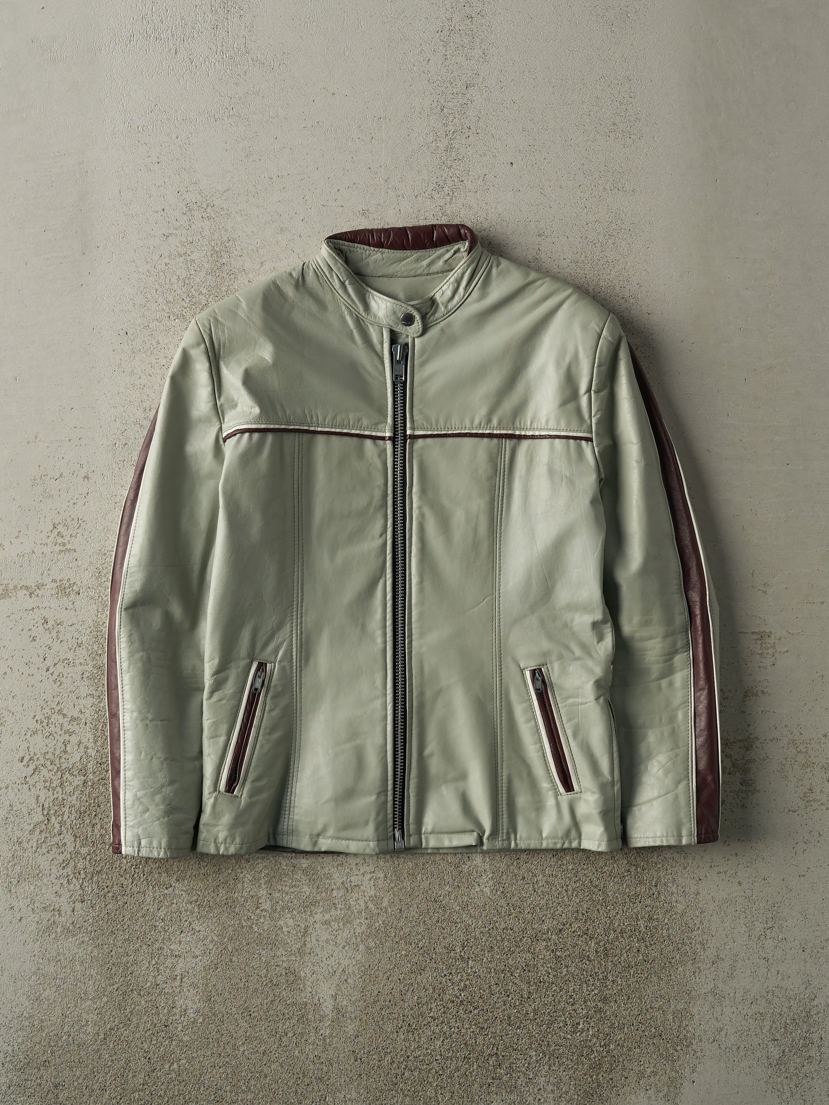 Vintage 80s Grey & Burgundy Leather Biker Jacket (XS/S) sold by Rebalance Vintage