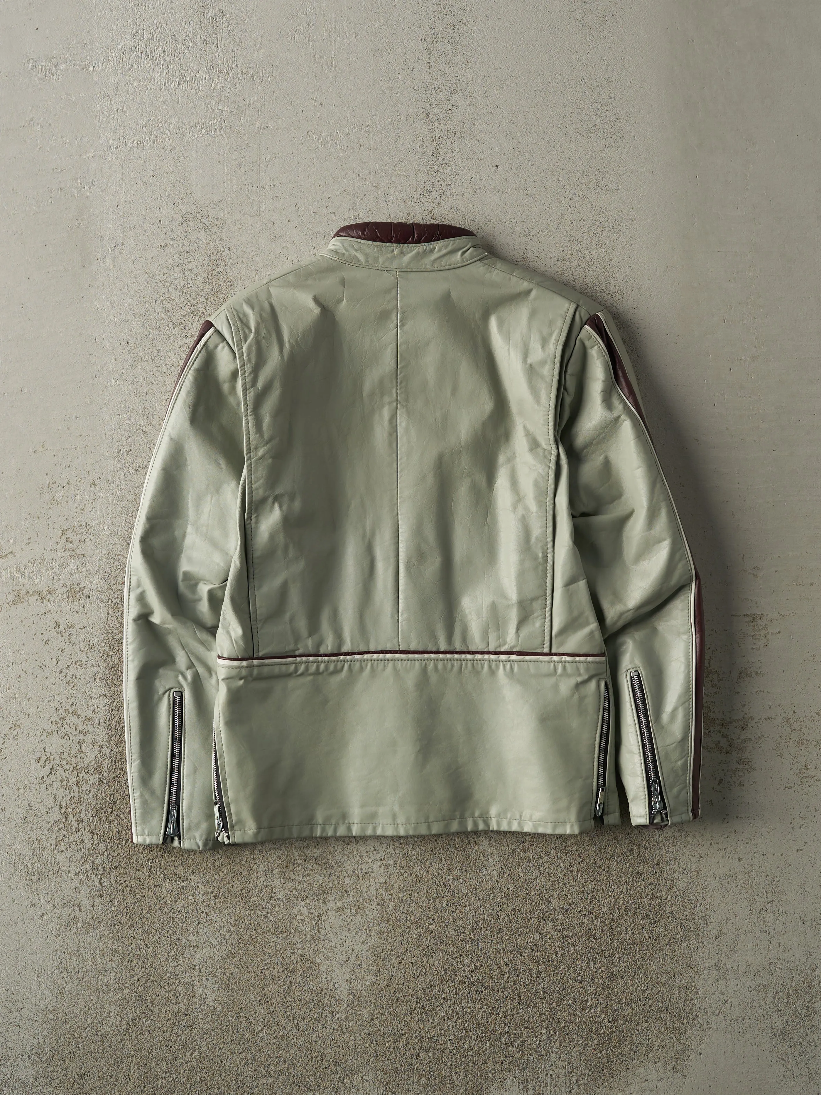 Vintage 80s Grey & Burgundy Leather Biker Jacket (XS/S) sold by Rebalance Vintage product image thumbnail 2