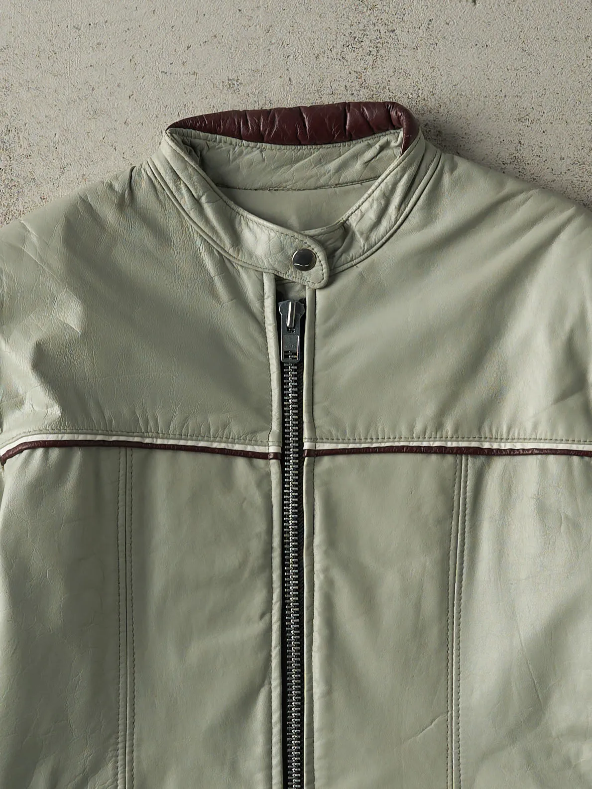 Vintage 80s Grey & Burgundy Leather Biker Jacket (XS/S) sold by Rebalance Vintage product image thumbnail 3