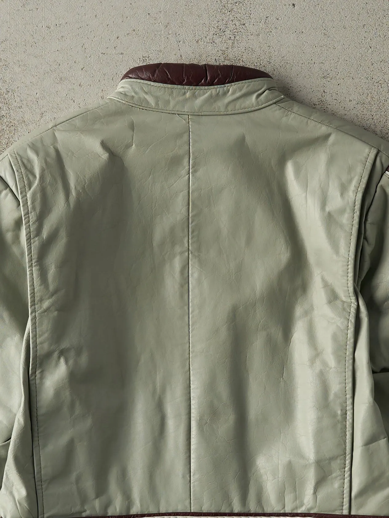 Vintage 80s Grey & Burgundy Leather Biker Jacket (XS/S) sold by Rebalance Vintage product image thumbnail 4