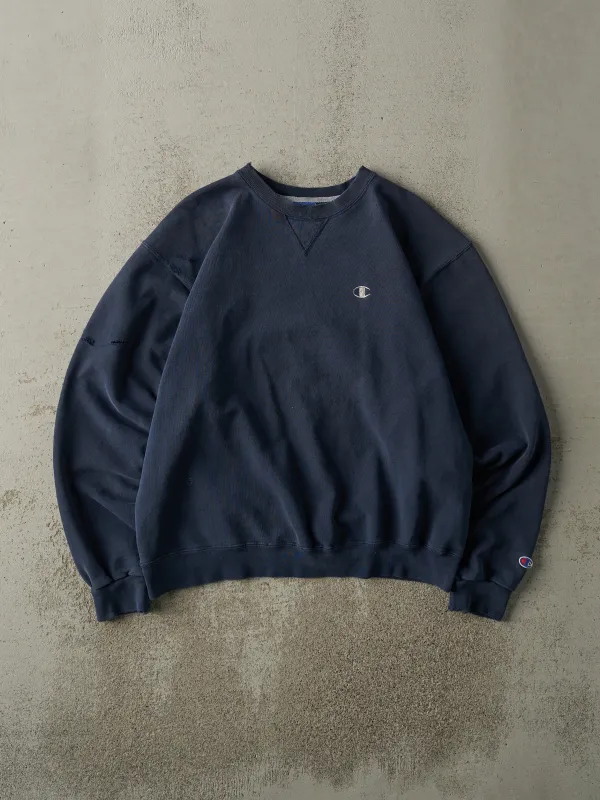 Vintage 90s Navy Blue Embroidered Champion Boxy Crewneck (M) sold by Rebalance Vintage