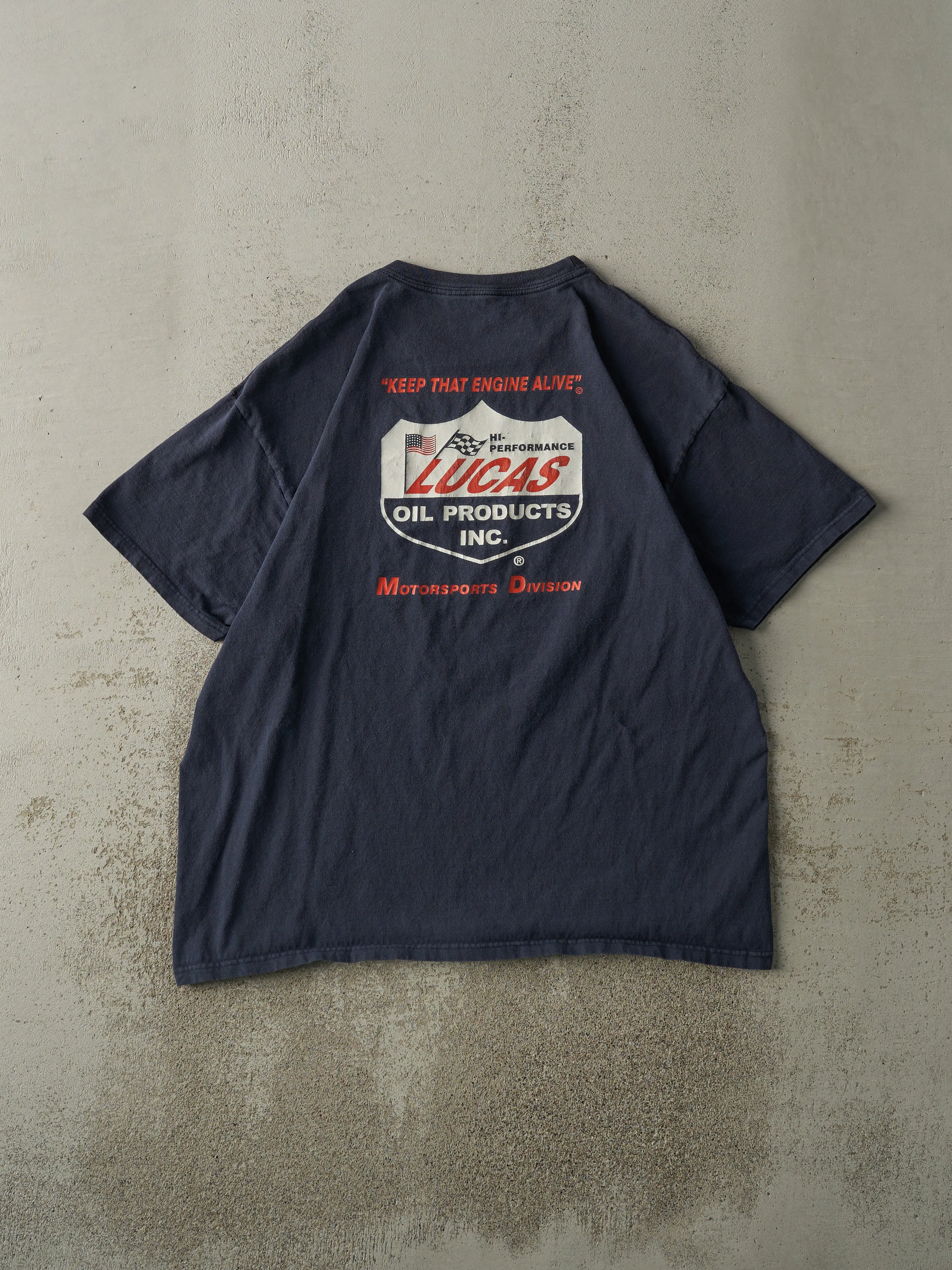 Vintage Y2K Navy Blue Lucas Oil Tee (L/XL) sold by Rebalance Vintage