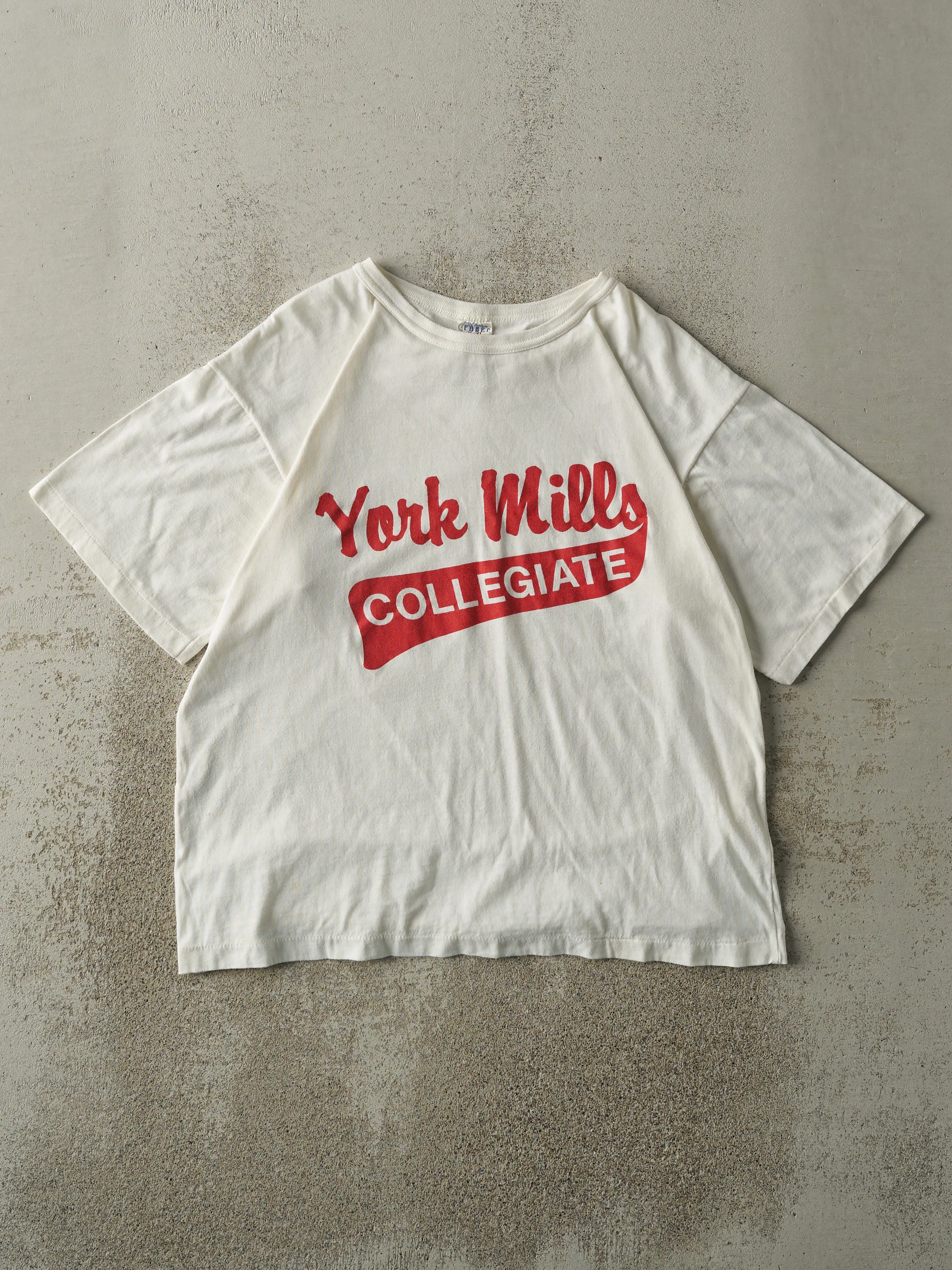 Vintage 80s White York Mills Collegiate Tee (L/XL) sold by Rebalance Vintage