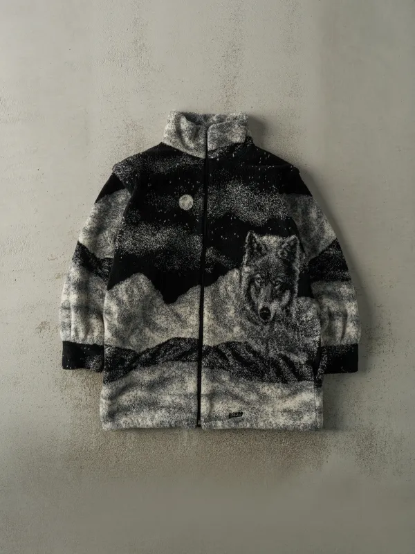 Vintage 90s Black & Grey Wolf Scene Sherpa Fleece Jacket (XL) sold by Rebalance Vintage